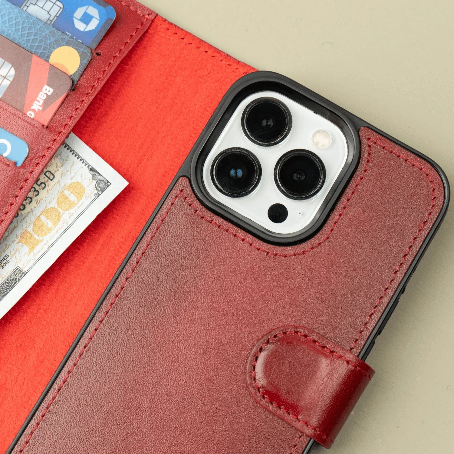 iPhone 16 Series Red Leather Wallet Case - New York