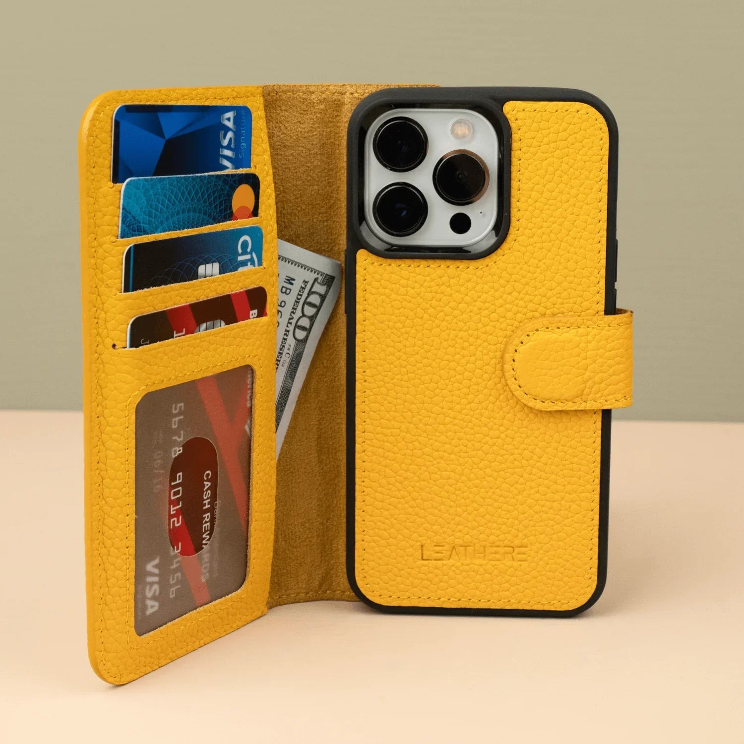 iPhone 16 Series Yellow Leather Wallet Case - New York