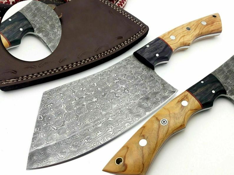 Hand-Forged Damascus Cleaver Butcher Knife – 10" Blade with Pakka or Olive Wood Handle & Leather Sheath