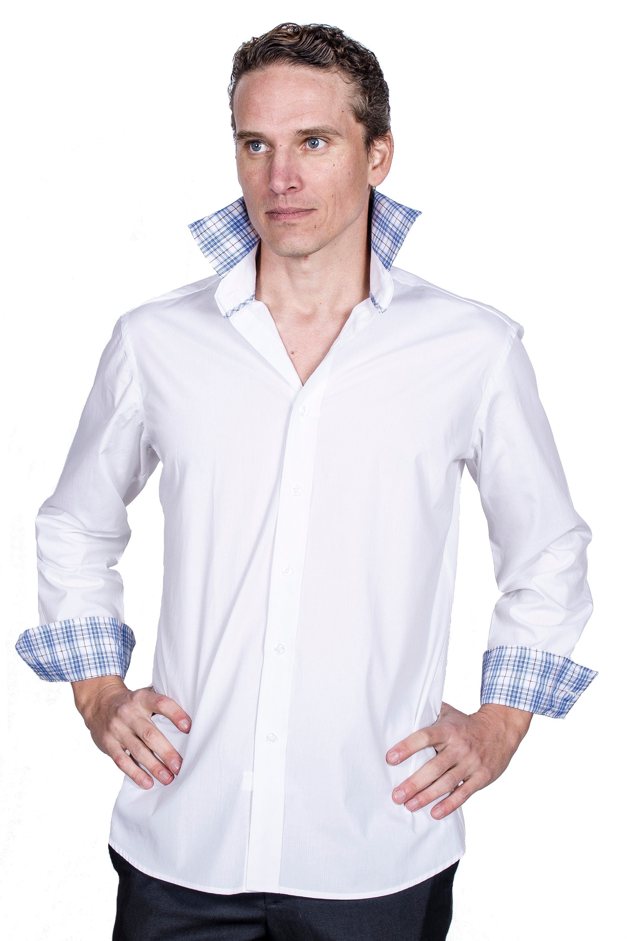 Men's White Cotton Slim Fit Dress Shirt with Collar Cover