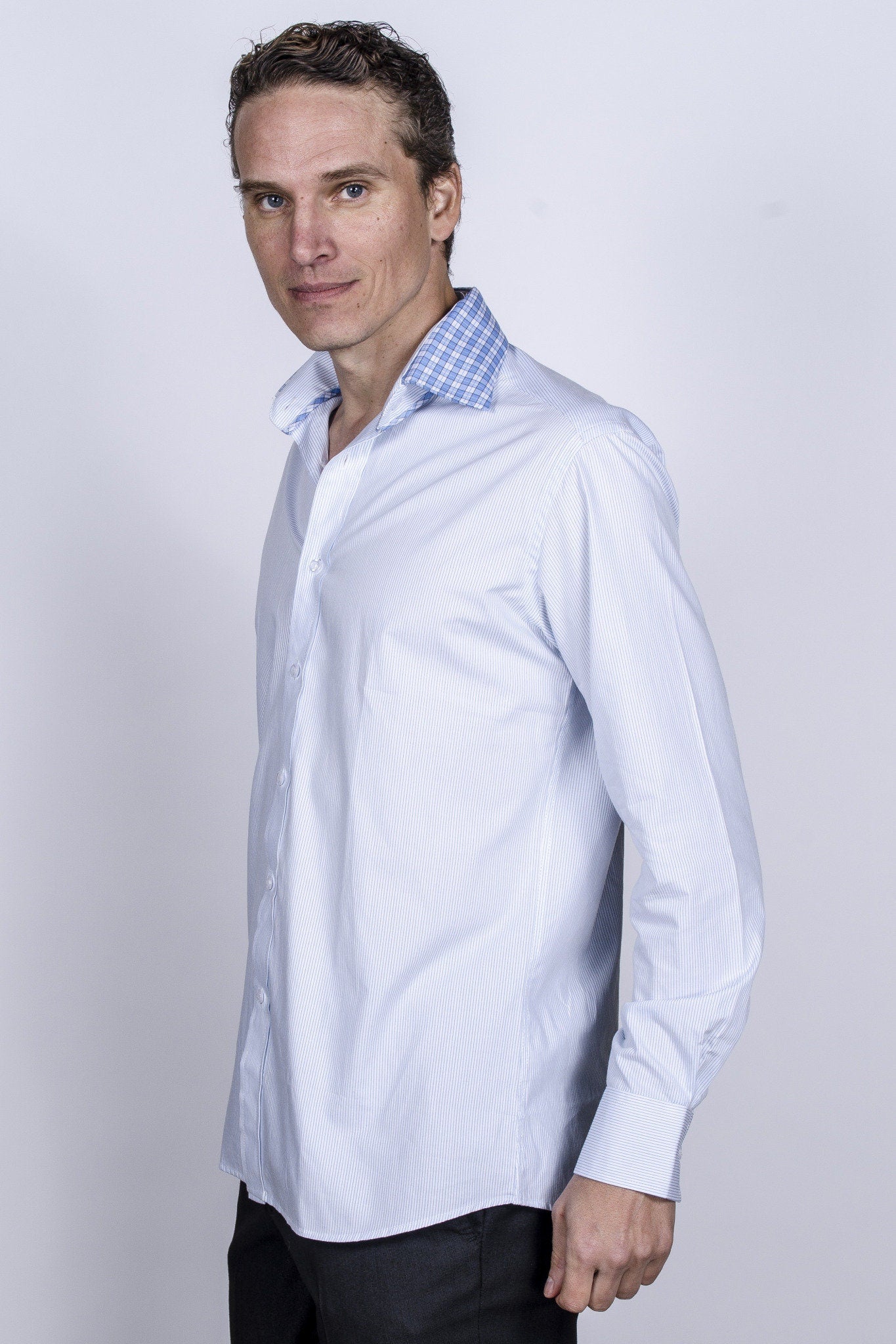 Men's Slim Fit Light Blue Striped Cotton Dress Shirt
