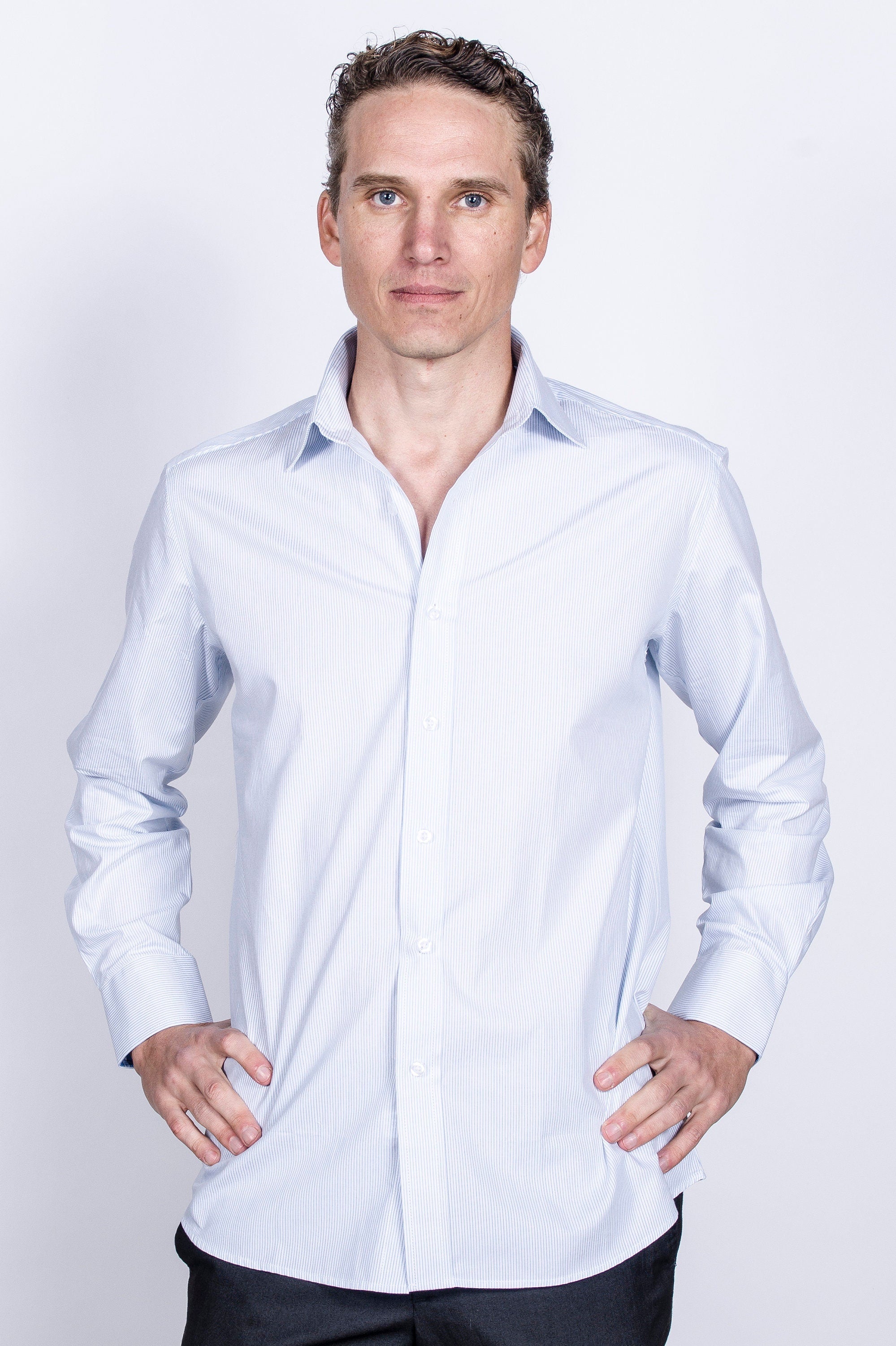 Men's Slim Fit Light Blue Striped Cotton Dress Shirt