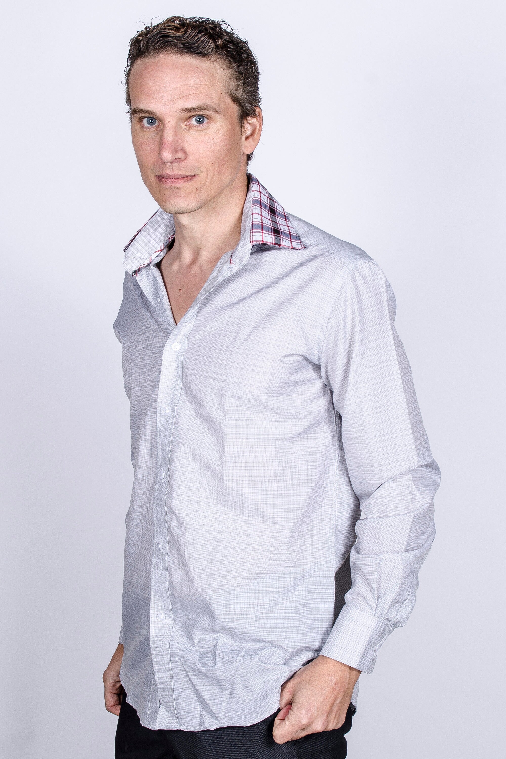 Men's Light Gray Slim Fit Cotton Dress Shirt with Collar Cover