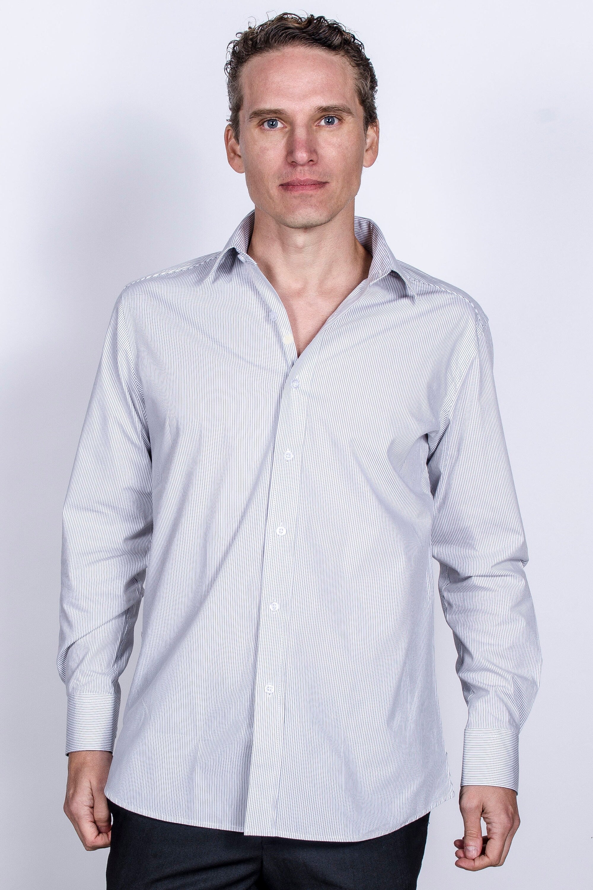 Men's Slim Fit Cotton Dress Shirt - White with Black Stripes