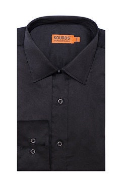 Men's Slim Fit Cotton Dress Shirt - Black Semi-Spread Collar