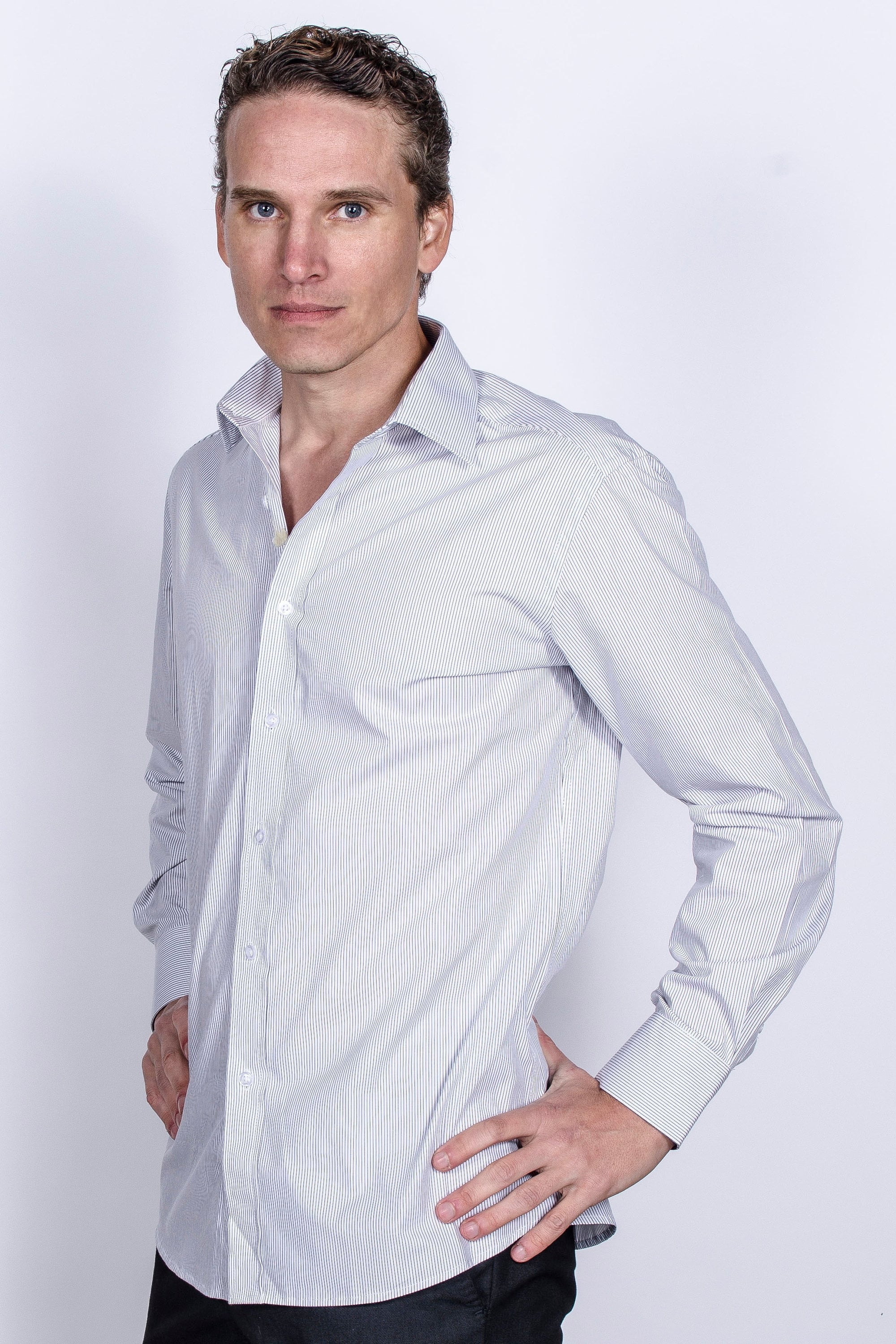 Men's Slim Fit Cotton Dress Shirt - White with Black Stripes