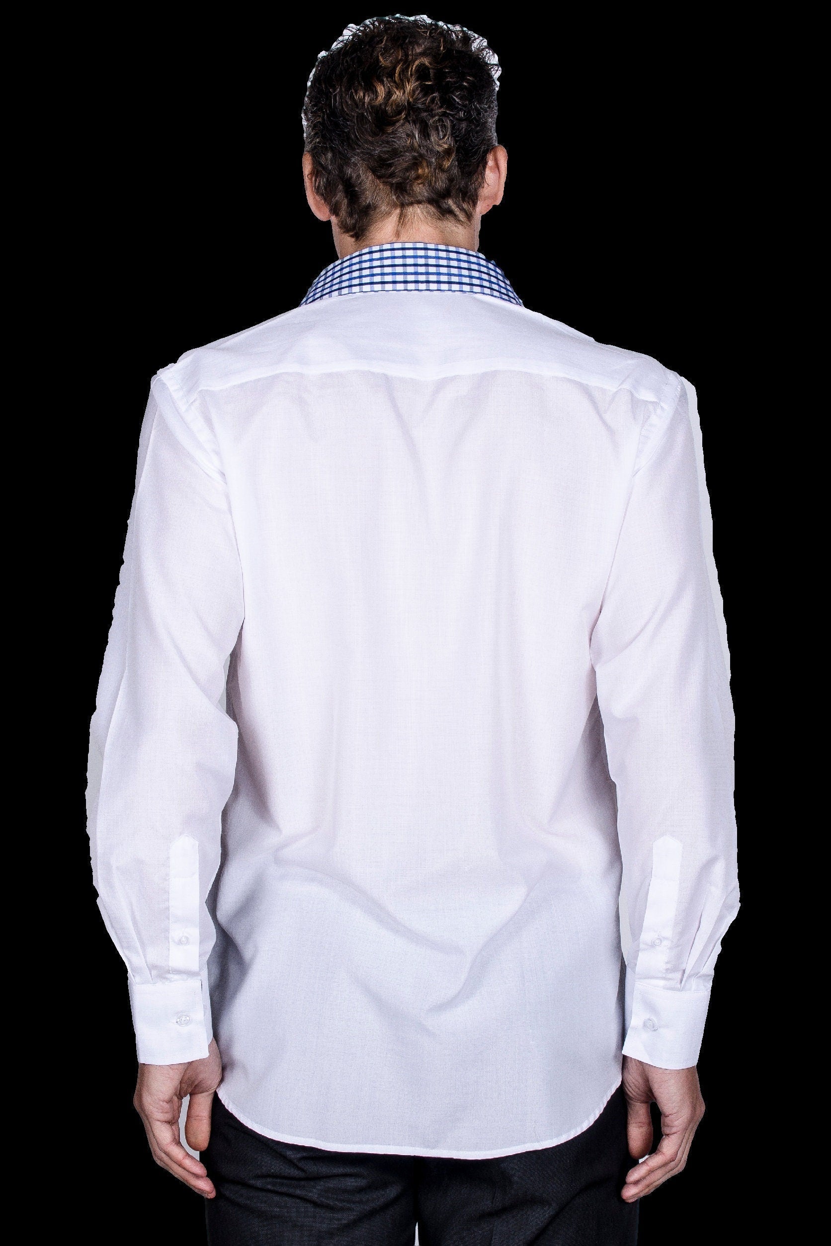 Men's Slim Fit Cotton Dress Shirt: White with Plaid Cuff