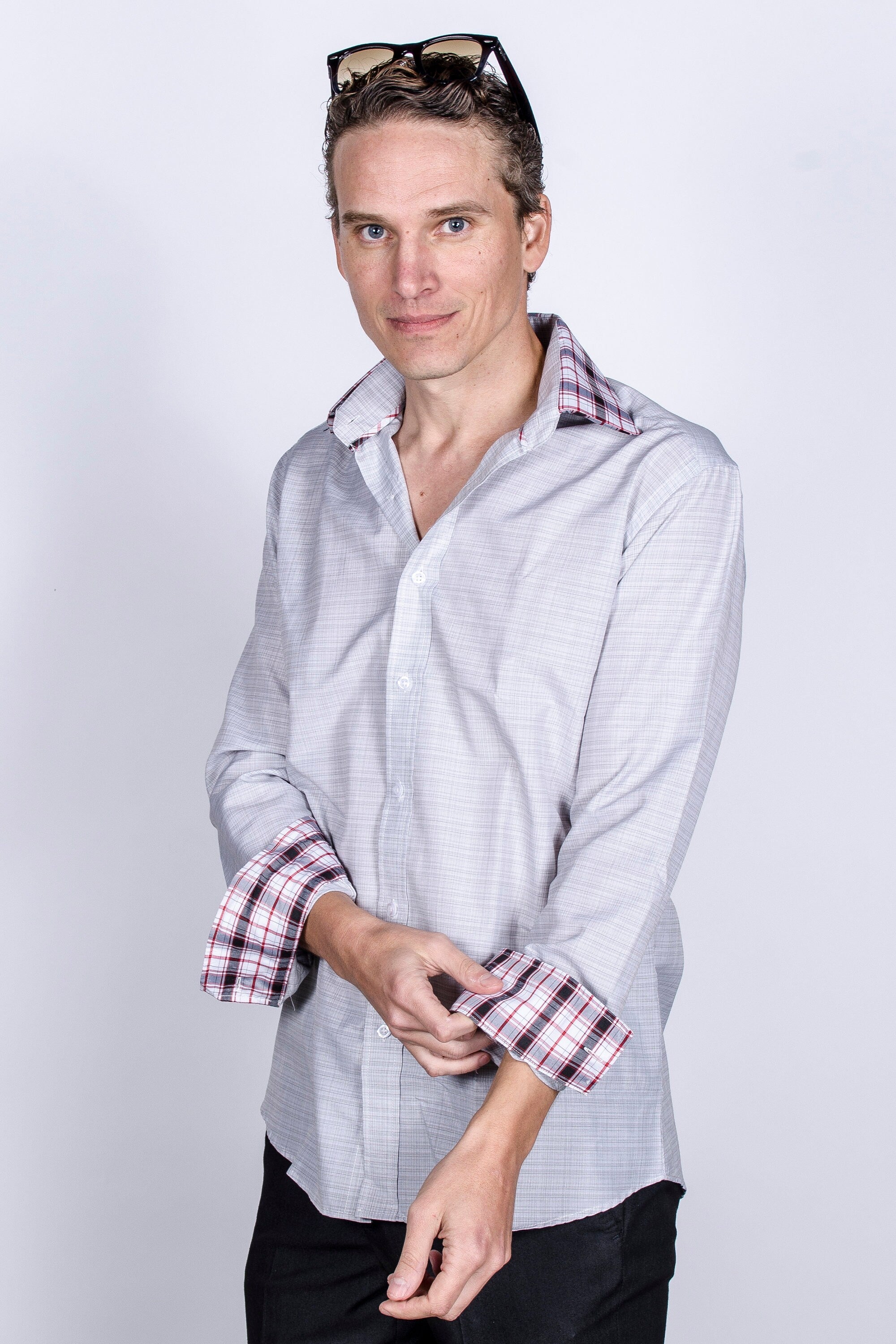 Men's Light Gray Slim Fit Cotton Dress Shirt with Collar Cover