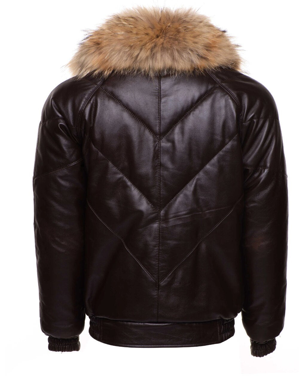 Handmade  Brown V-Bomber Style Puffer Winter Leather Jacket With Fur Collar