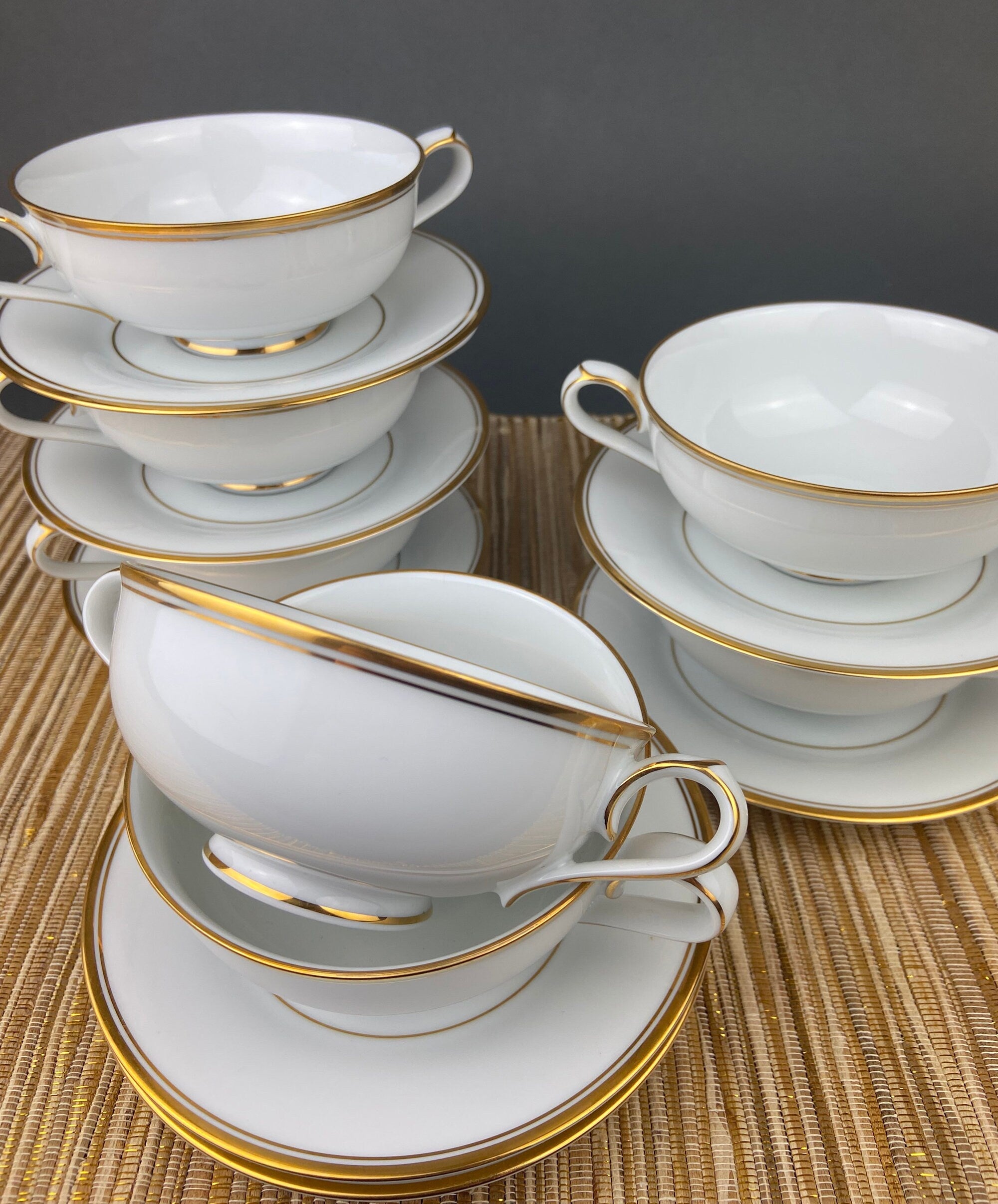 Vintage Noritake Allison Porcelain Soup Bowls & Saucers, Gold Wedding Band China, Set of 7