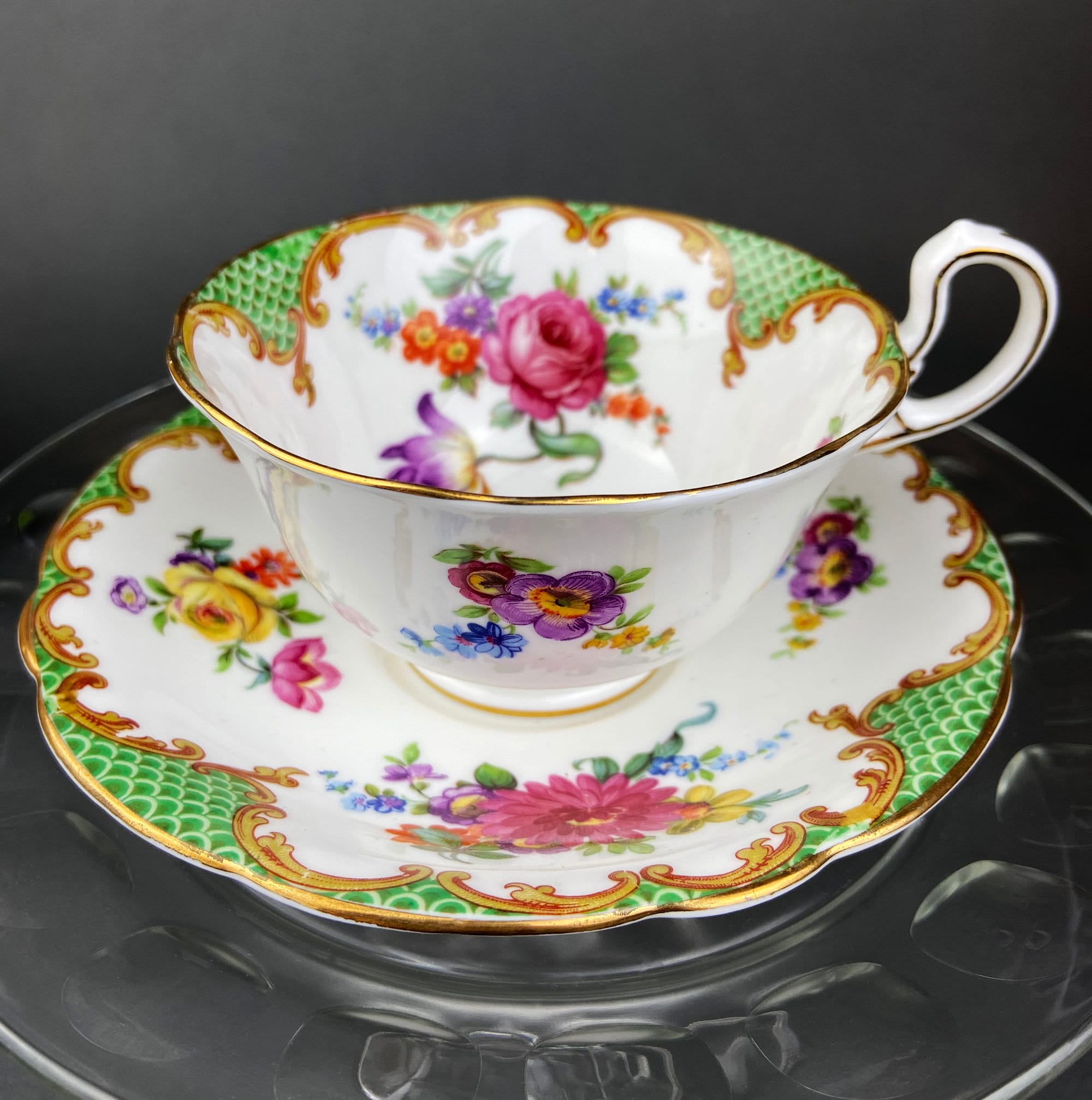 Vintage Aynsley Creamer and Sugar Bowl.  Blue and Gold, with Hand Painted Bouquet of Flowers. Fine Bone China.