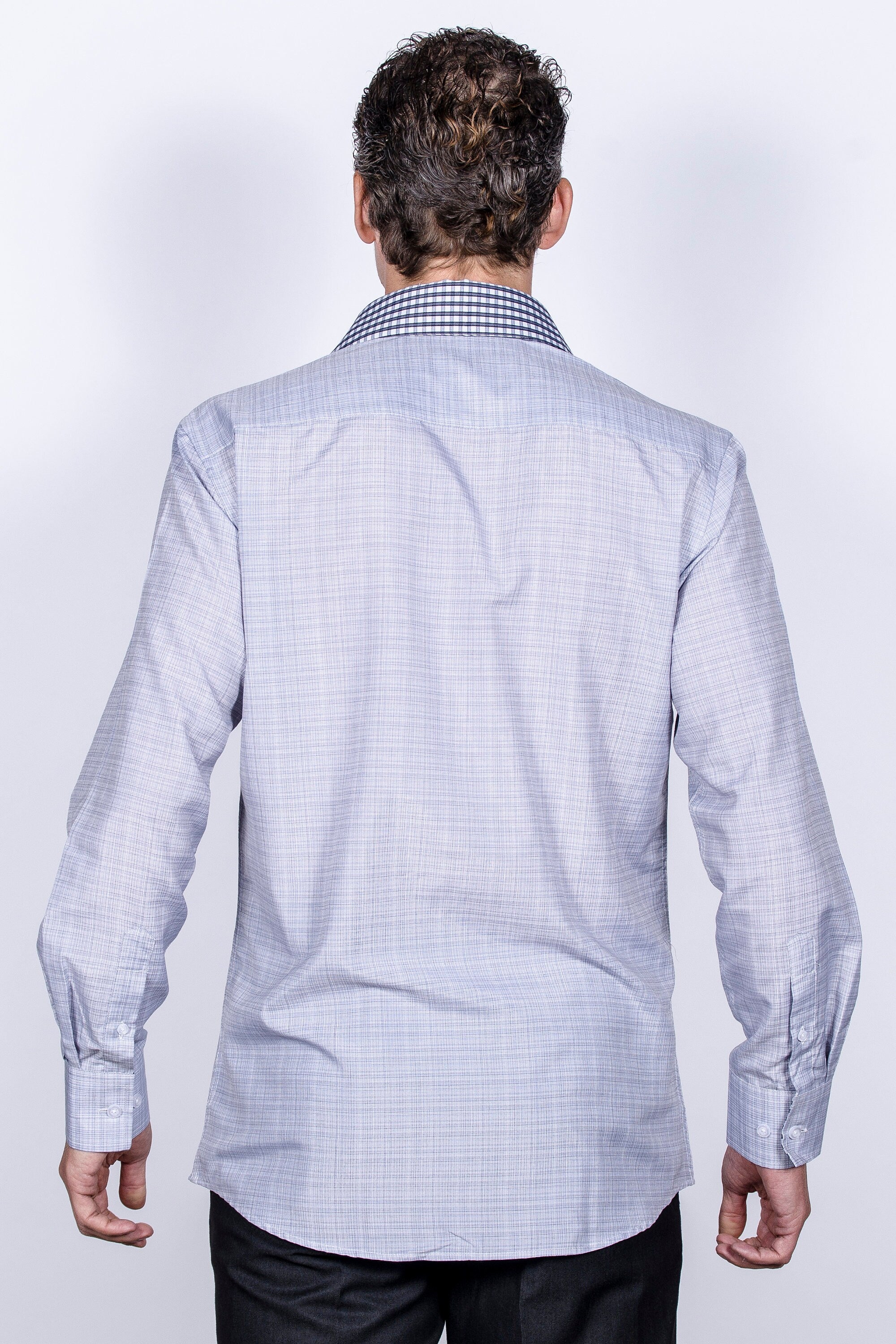 Men's Slim Fit Plaid Dress Shirt: Dark Gray Cotton with Collar Cover