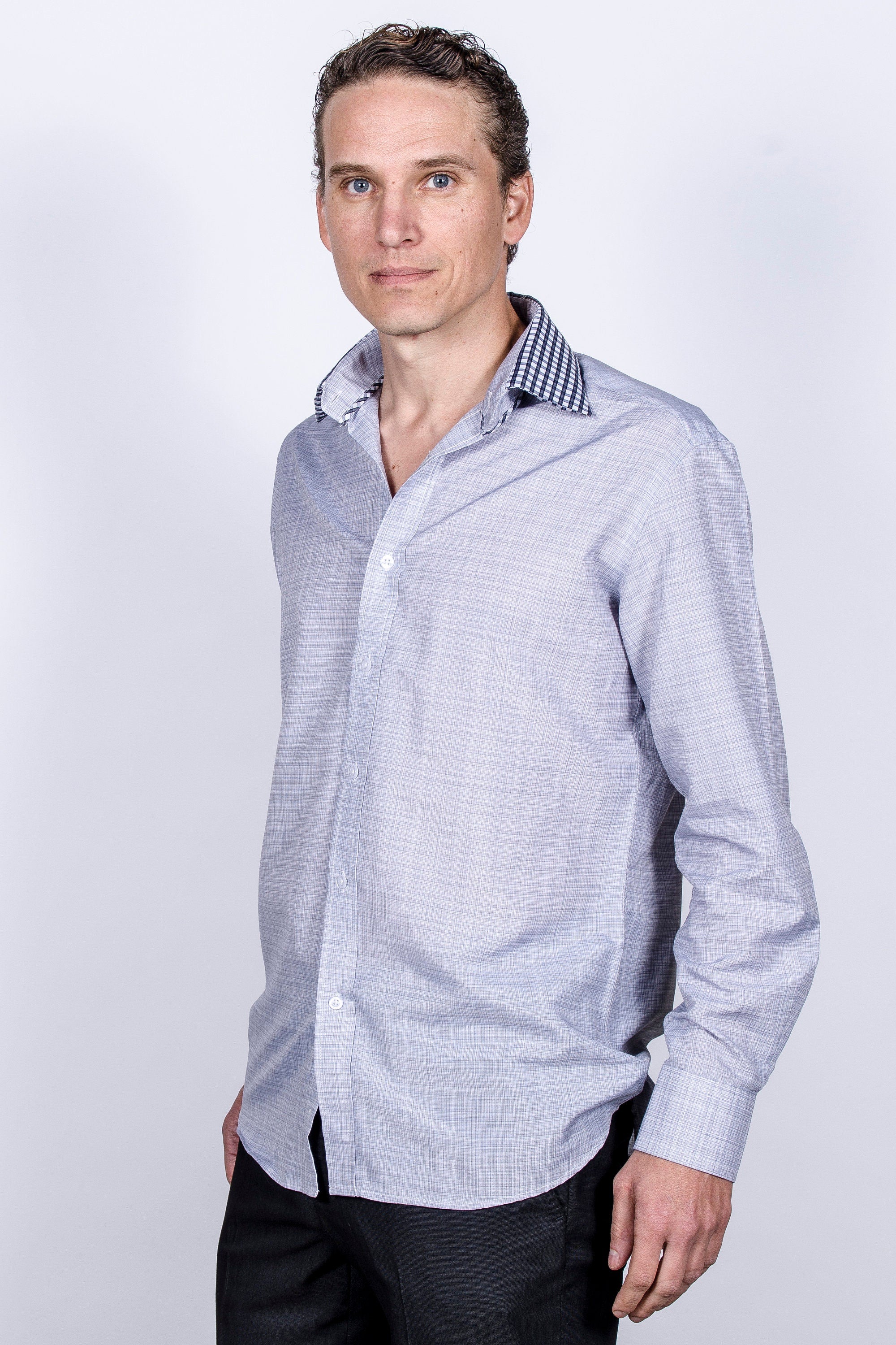 Men's Slim Fit Plaid Dress Shirt: Dark Gray Cotton with Collar Cover