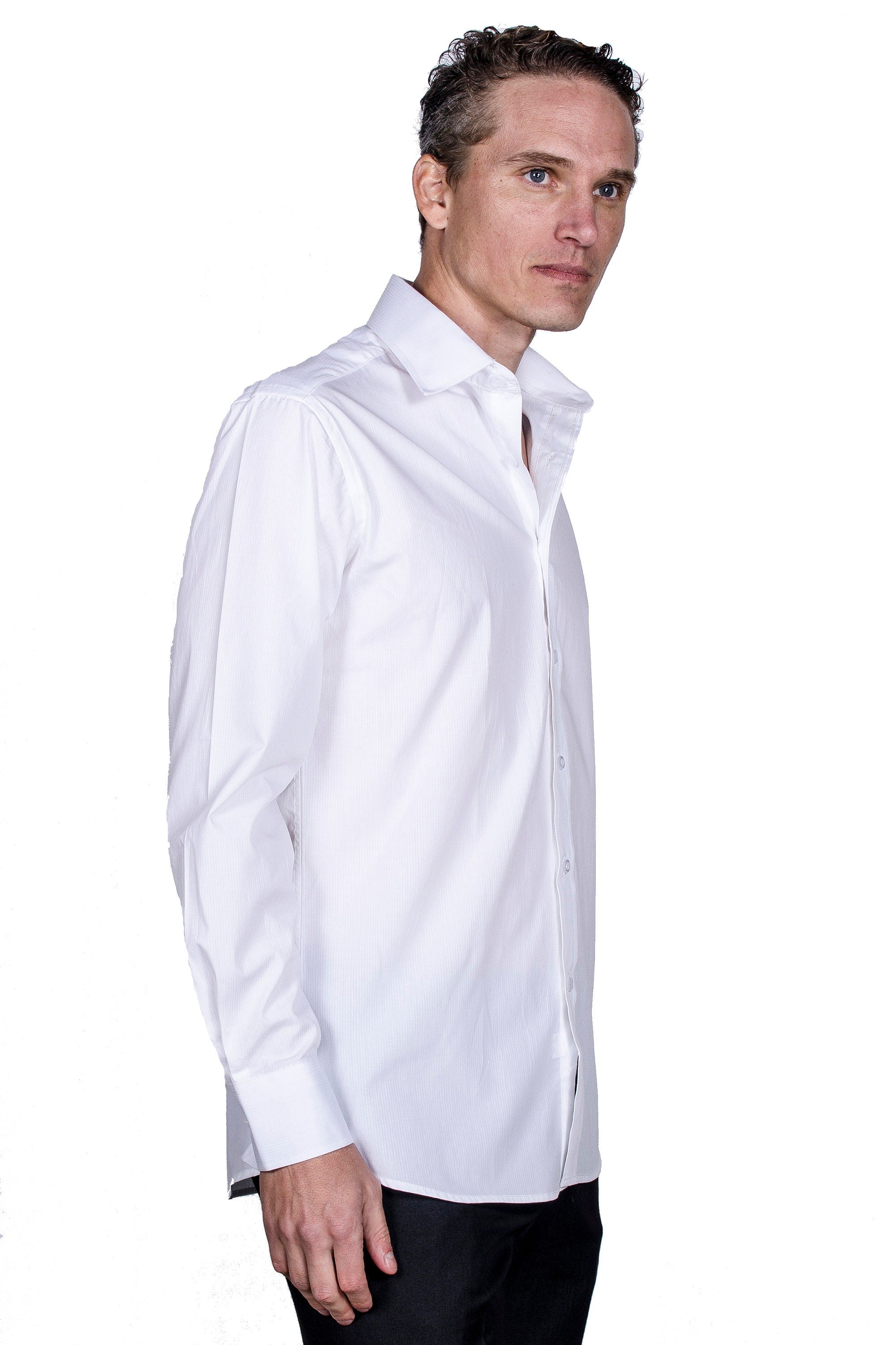 Men's Slim Fit Cotton Dress Shirt: White with Plaid Cuff