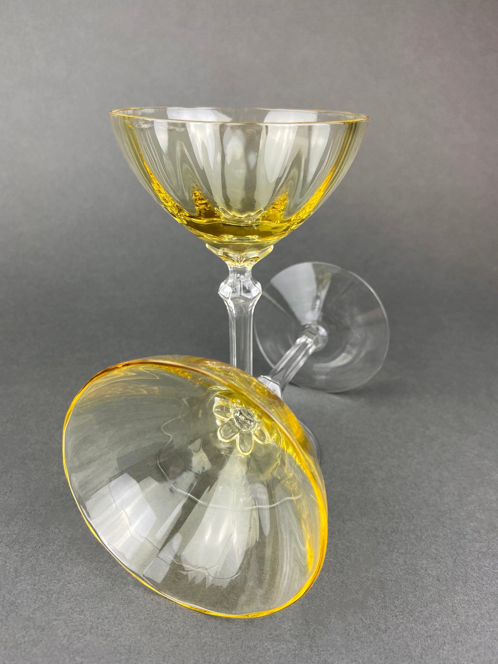 Vintage Fostoria Crystal Topaz Champagne Glasses. Light Yellow Depression Glass Low Sherbet Stemware. Gold Footed Glasses.  Set of Six.