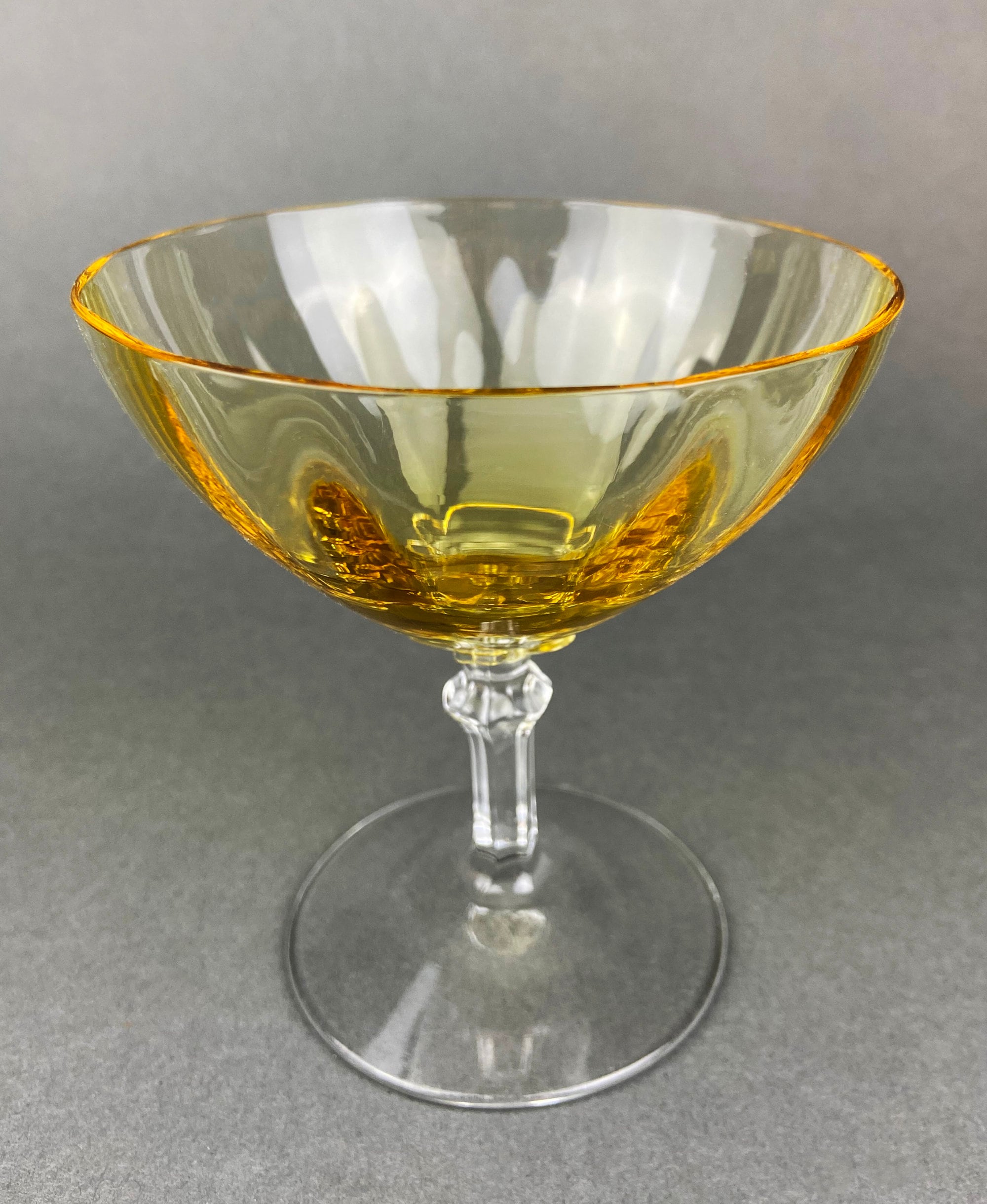 Vintage Fostoria Crystal Topaz Champagne Glasses. Light Yellow Depression Glass Low Sherbet Stemware. Gold Footed Glasses.  Set of Six.