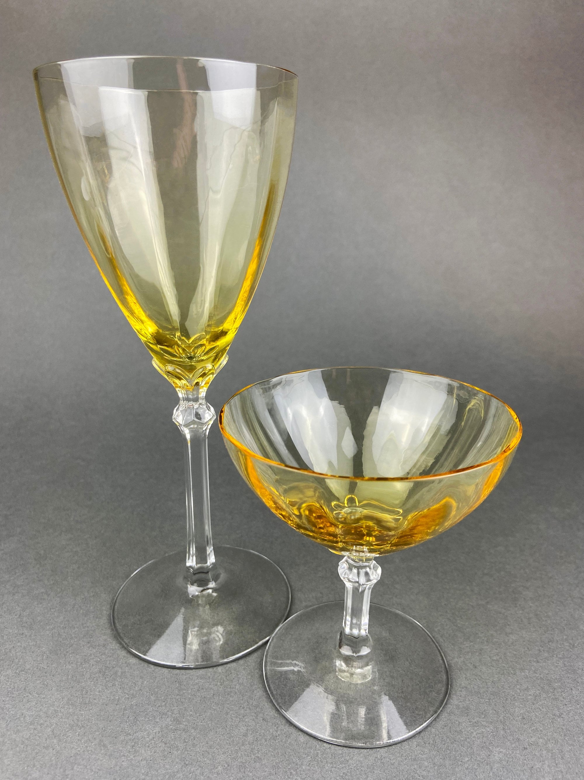 Vintage Fostoria Crystal Topaz Champagne Glasses. Light Yellow Depression Glass Low Sherbet Stemware. Gold Footed Glasses.  Set of Six.