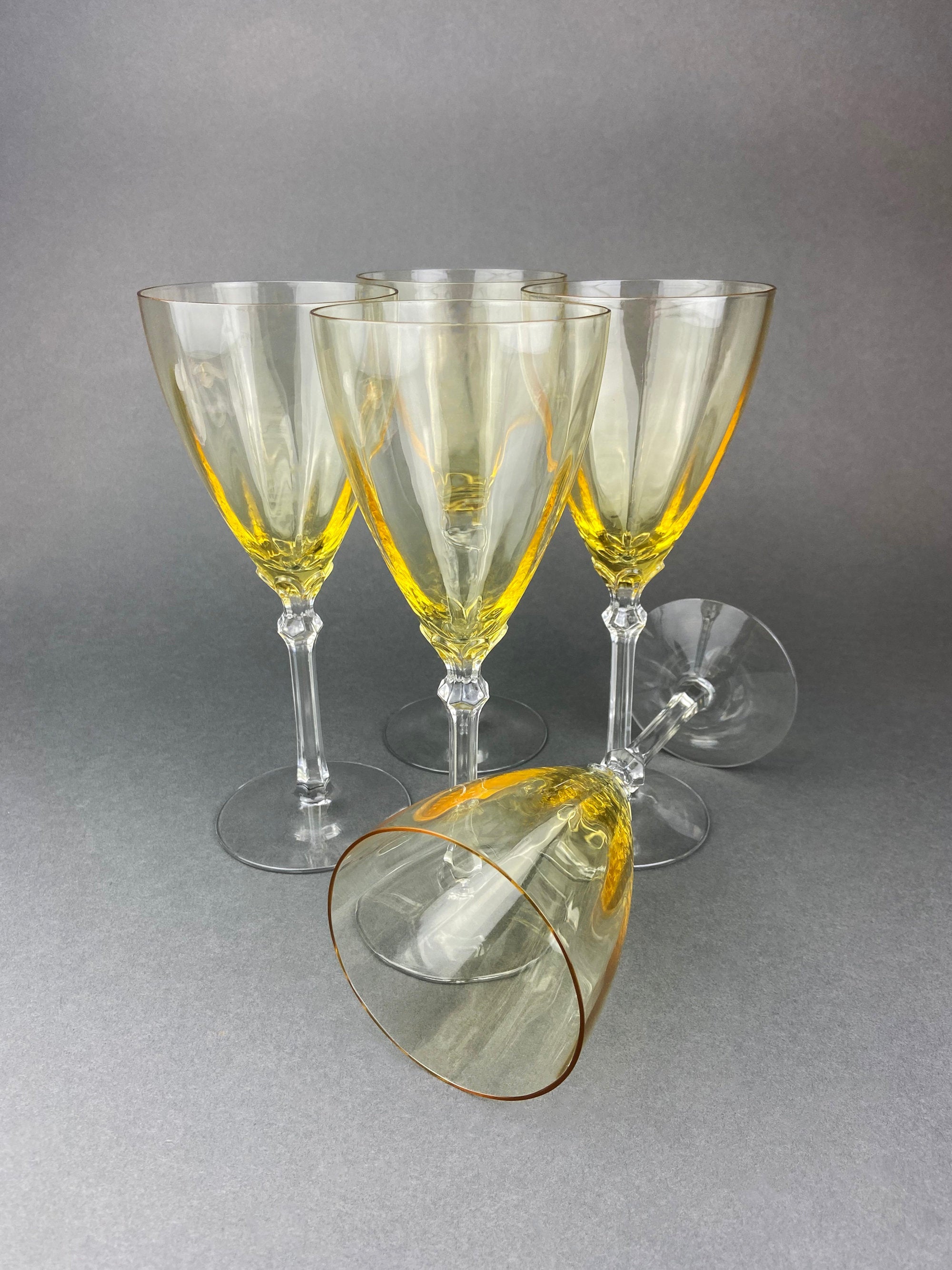 Vintage Fostoria Crystal Topaz Champagne Glasses. Light Yellow Depression Glass Low Sherbet Stemware. Gold Footed Glasses.  Set of Six.