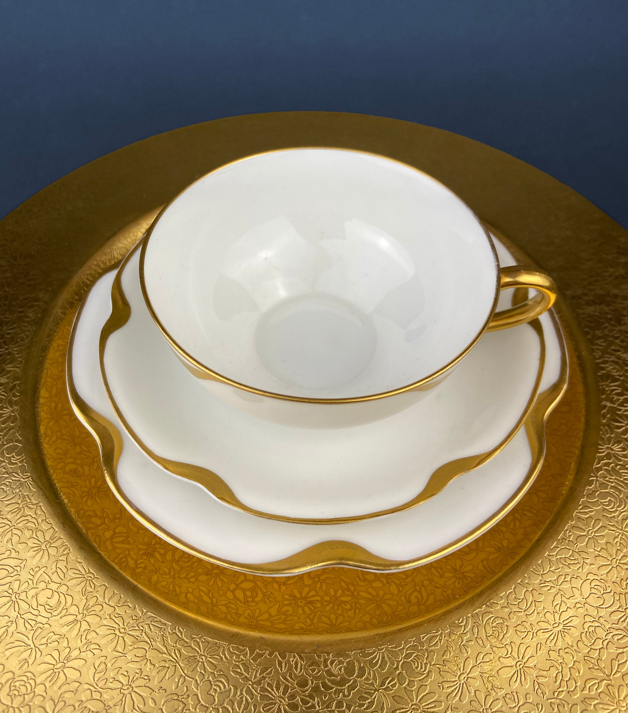 Antique Limoges Porcelain Tea Set/Trio. Tea Cup, Saucer and Salad Plate. White China with Scalloped Gold Rim, Theodore Haviland, France.