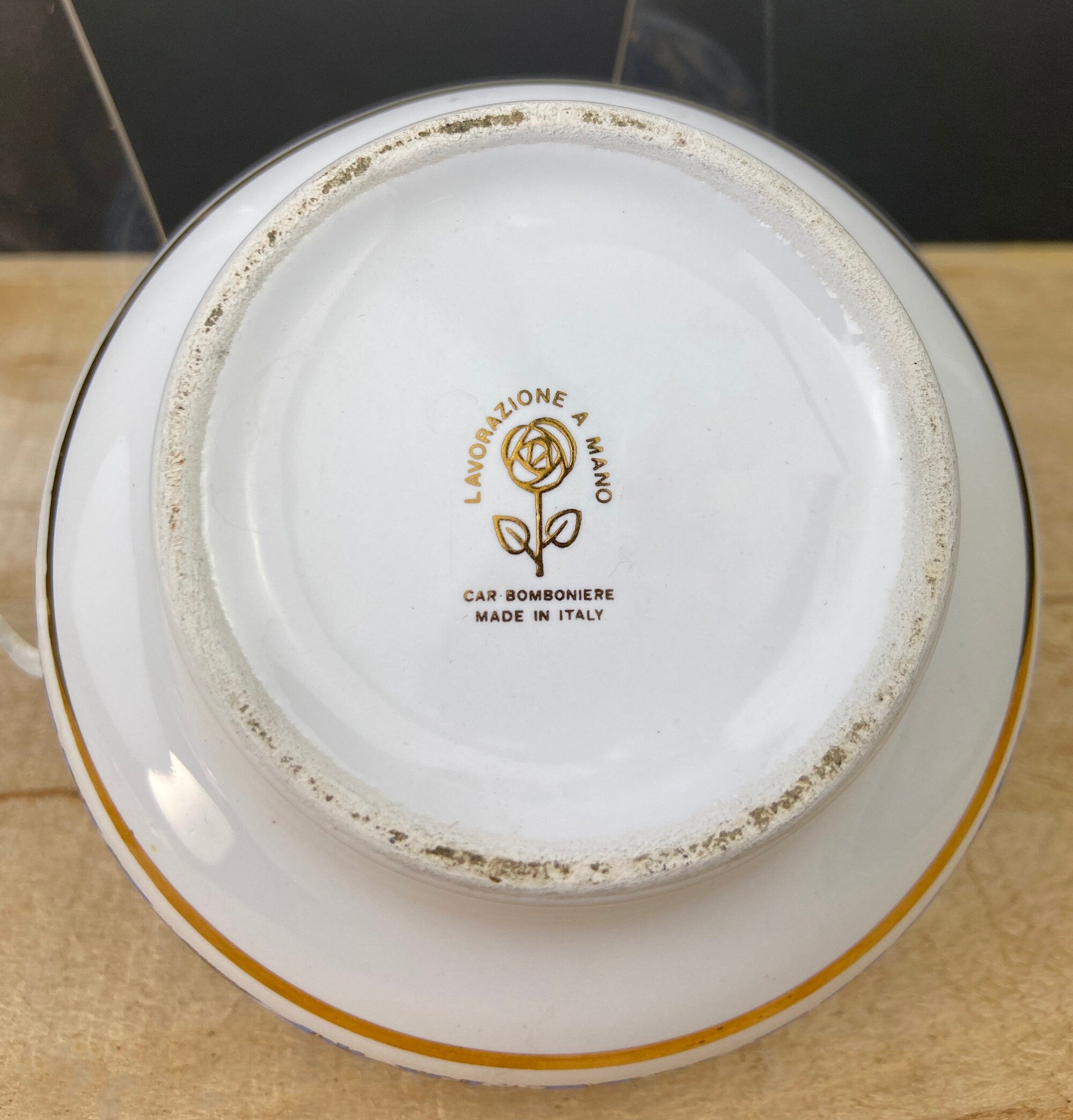 Vintage Italian Sugar Bowl/Bomboniere with Ceramic Spoon. Hand Painted Sugar Jar or Candy Dish. Lavorazione a Mano, Car Bomboniere. Italy.