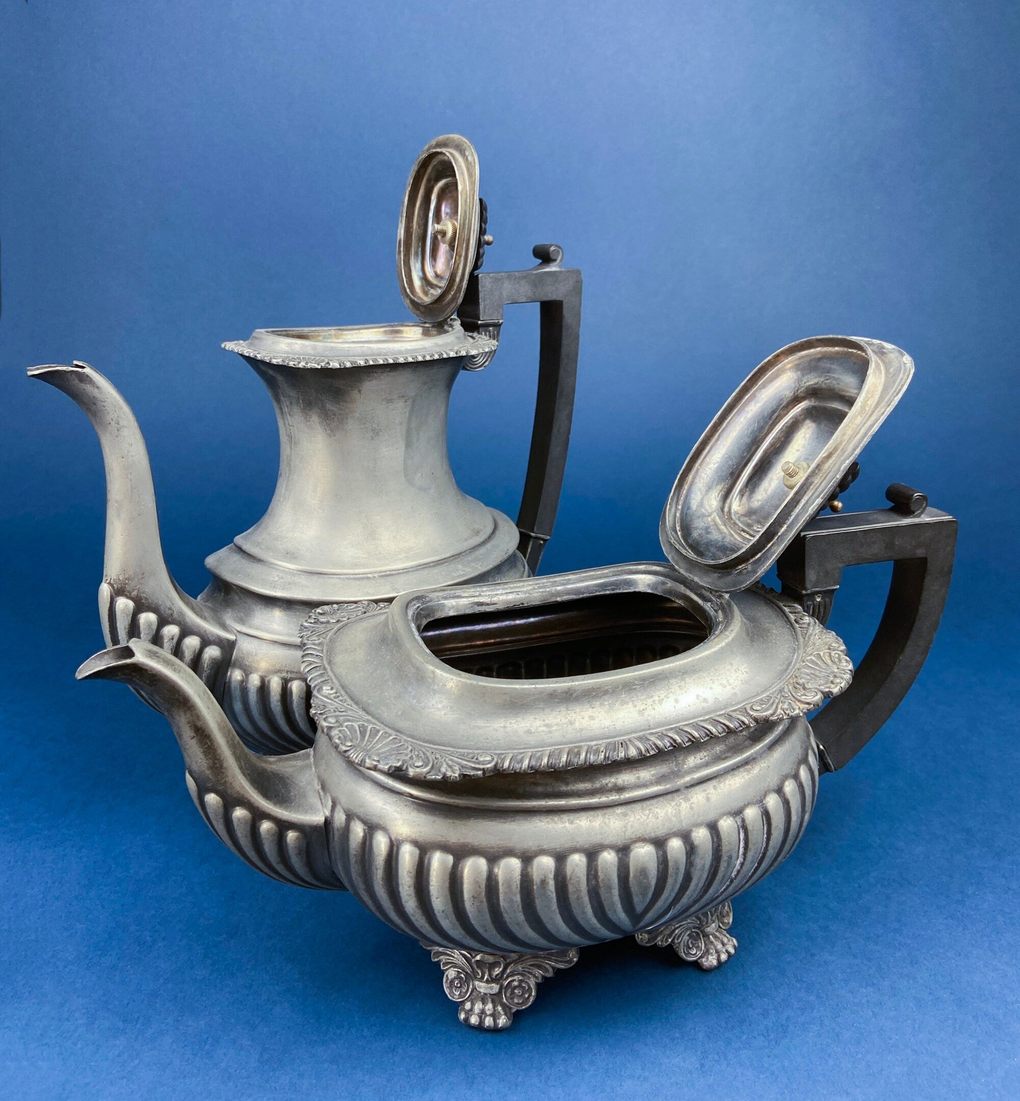 Vintage Pewter Teapot and Coffee Pot. Set of Two Beautifully Detailed Serving Pots. Fluted Body. Made in England. Pewter Collectors.
