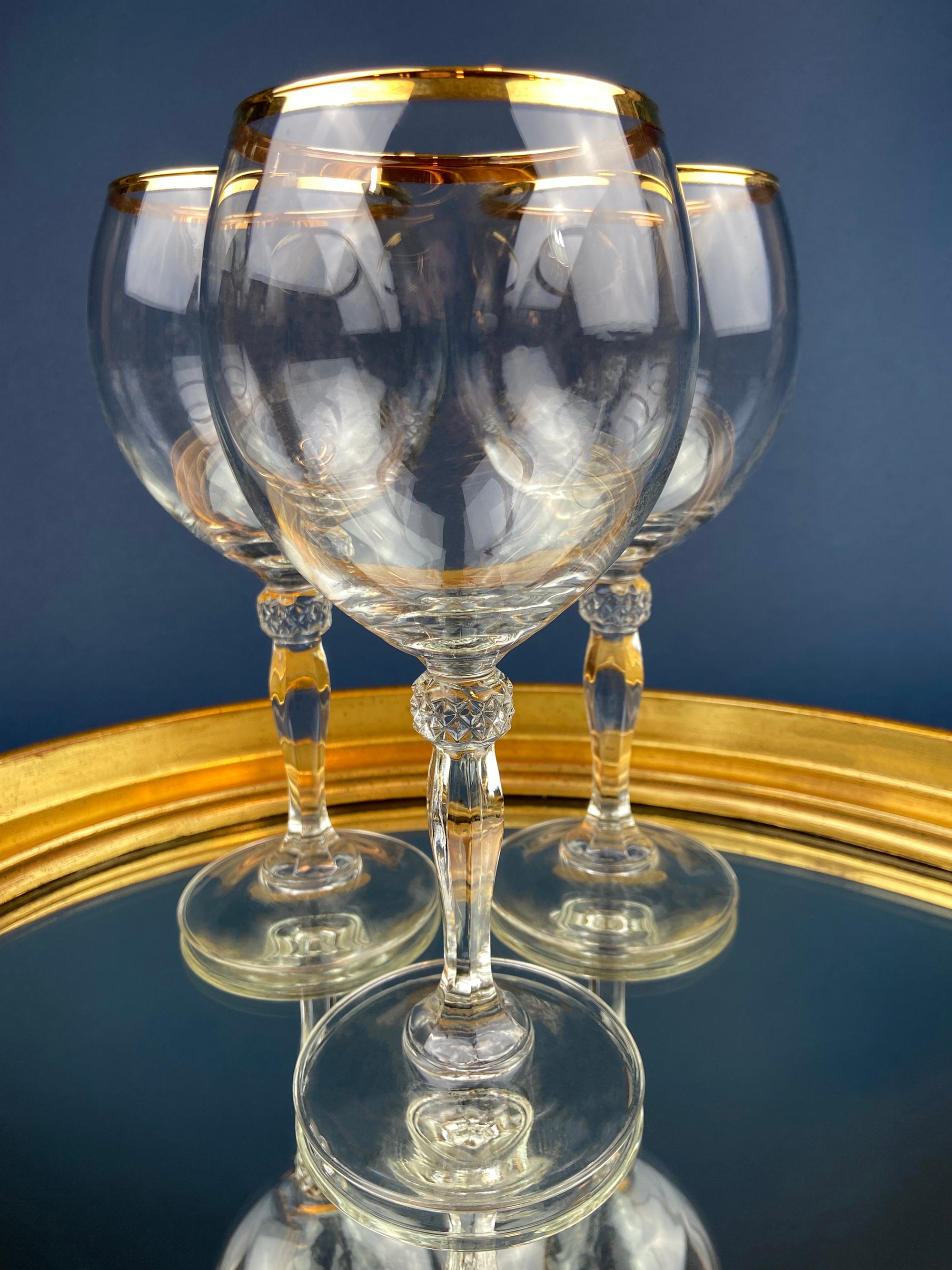 Antique Tiffin Franciscan Wine Goblets with Embossed Gold Rims. Set of 5 Faceted Mid Century Stemware. 24K Gold. Dining Room Decor. Gift for Him Her