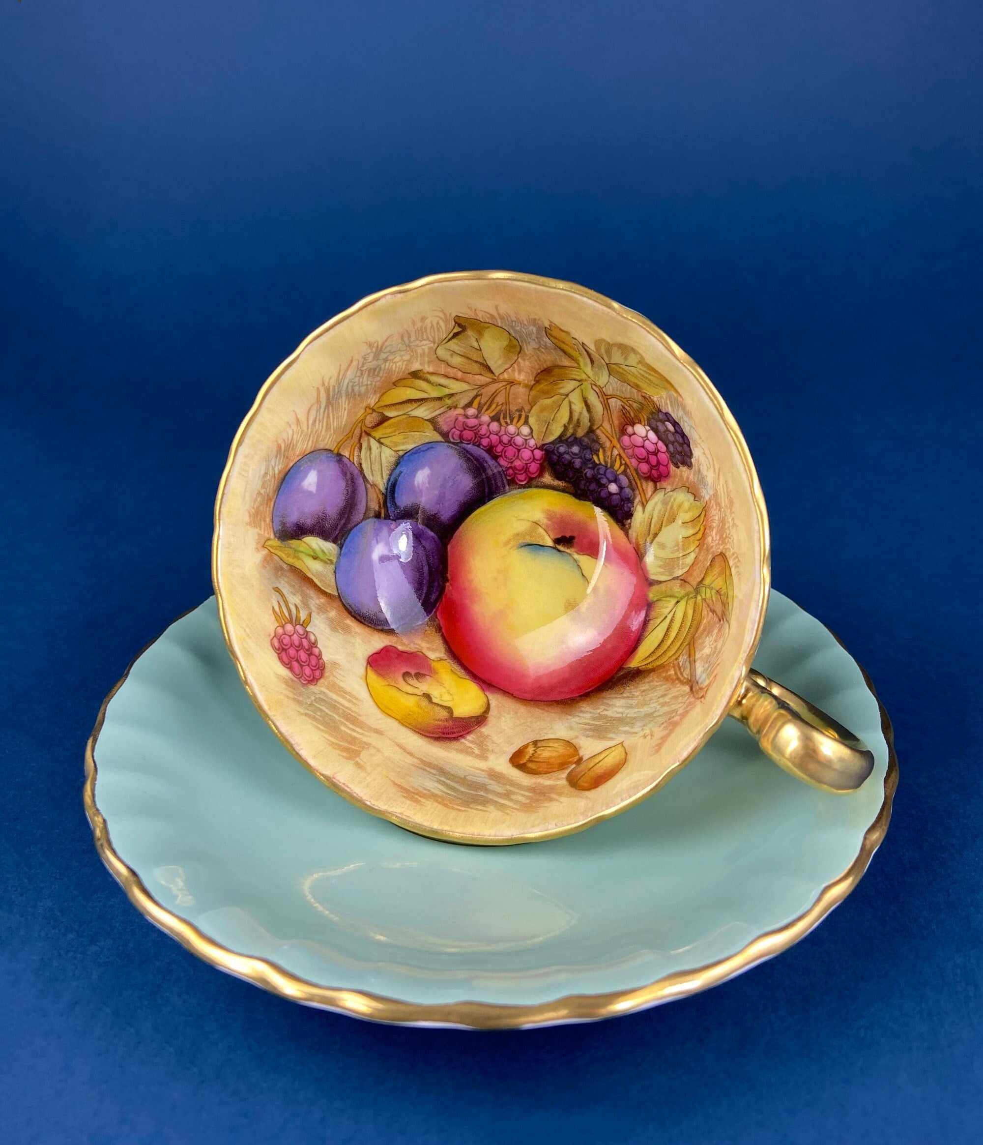 Vintage Mint Green and Gold Tea Cup & Saucer with Fruit Motif. Paragon Fine Bone China. Peaches, Plums, Berries. Gift for Him Her Tea Lover.