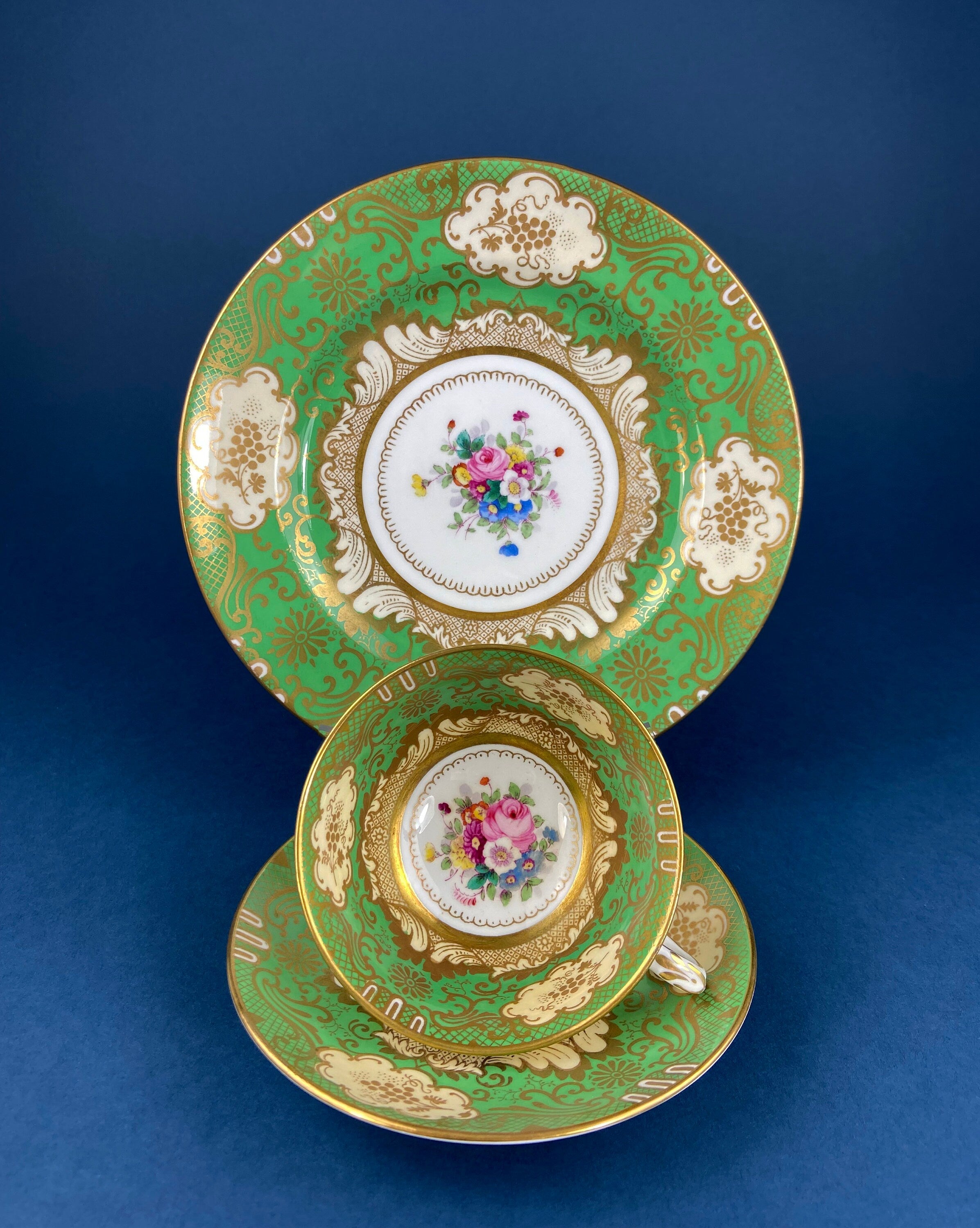 Vintage Staffordshire Tea Trio: Green, Gold, and Pink Porcelain Set