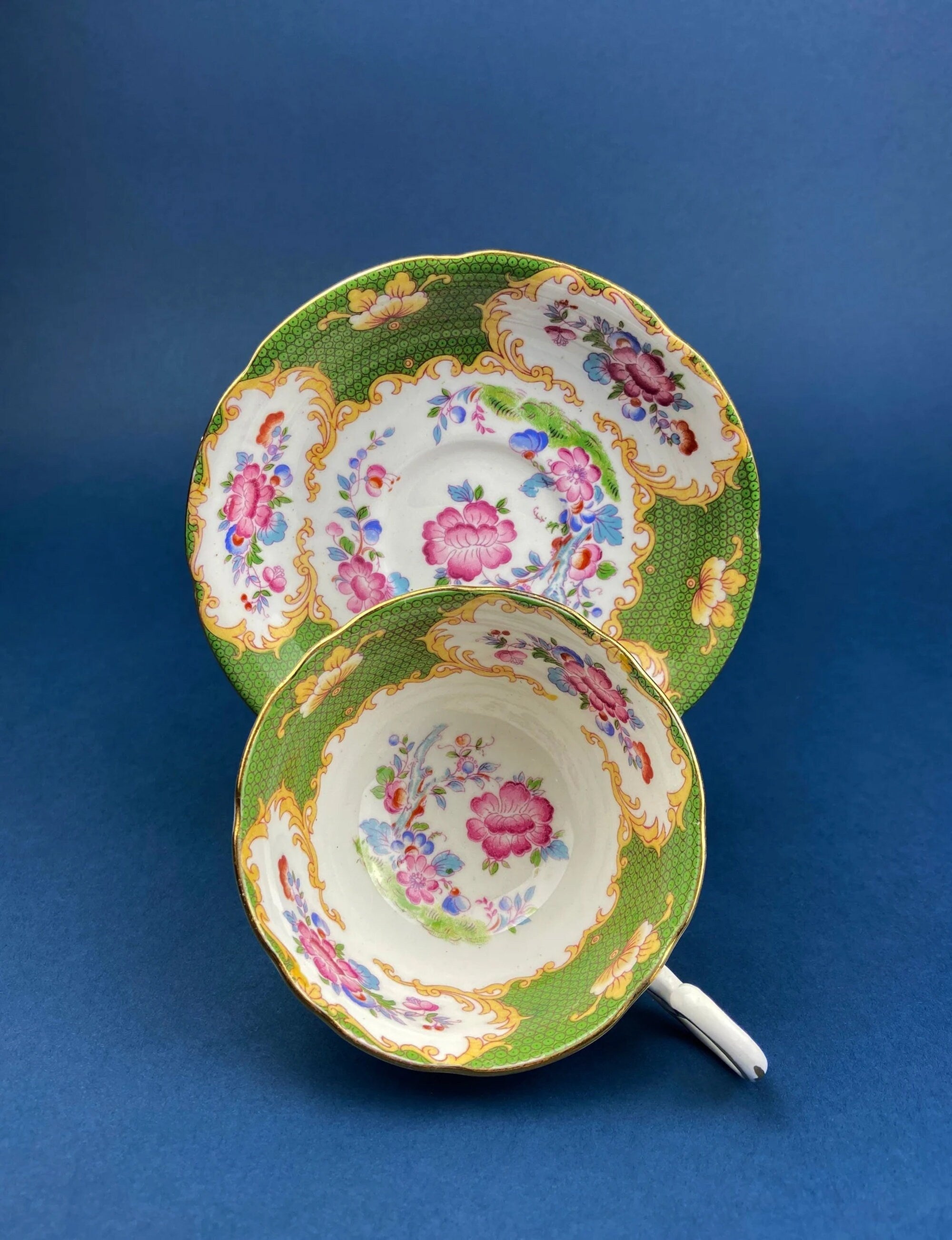 Vintage Staffordshire Tea Trio: Green, Gold, and Pink Porcelain Set