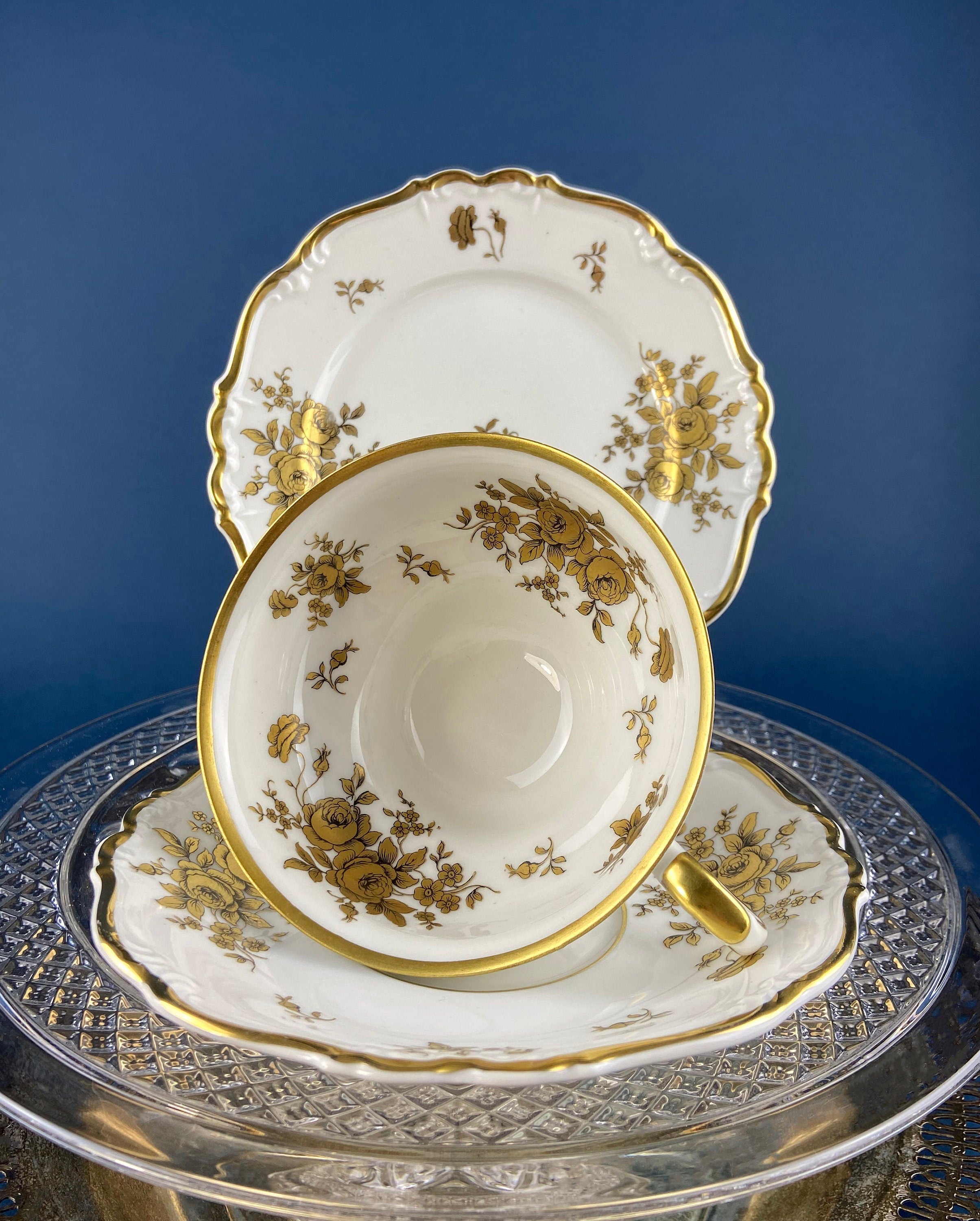 Stunning Antique White and Gold Tea Set Trio. Weimar Porcelain, Katharina Pattern. Hand Painted Floral Gold Trim. Dining Room Decor.