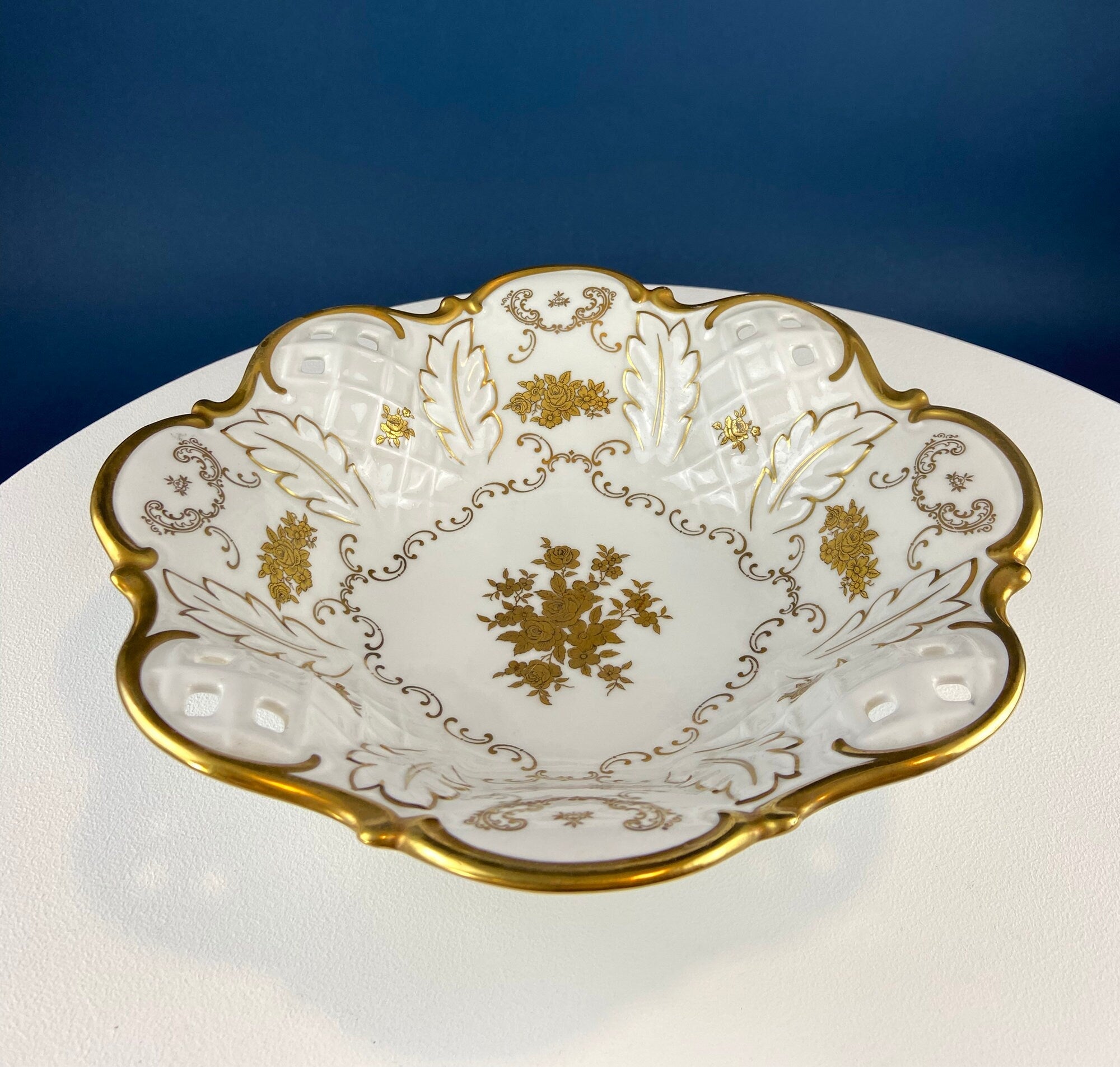Antique Rosenthal Bowl: White & Gold Porcelain, Scalloped Rim