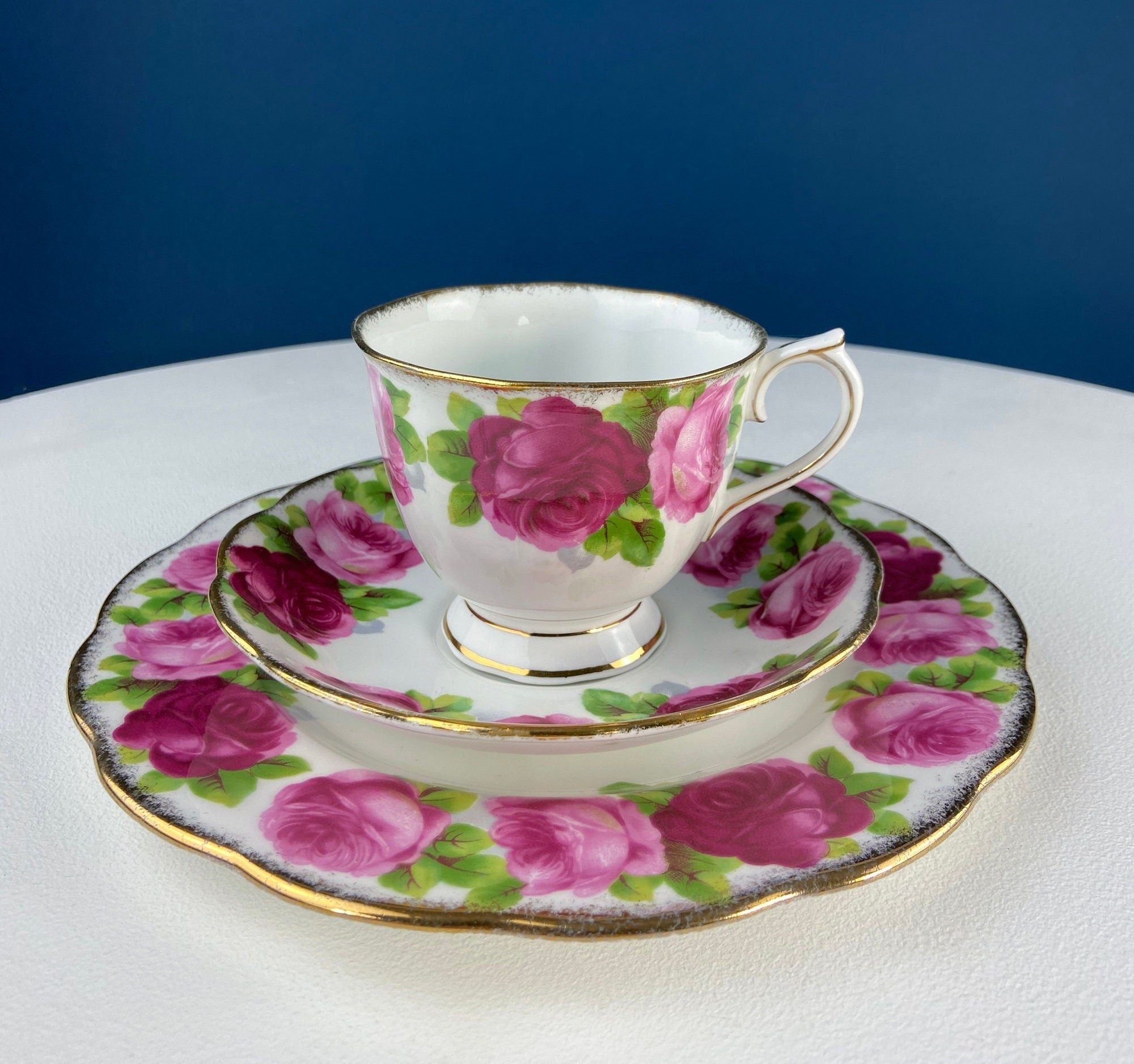 Teacup & Saucer with Large Red Roses and Rich Gold Rim. Queen Anne Fine China. Dining Room Decor. Romantic Gift for Tea Lover, Him or Her.