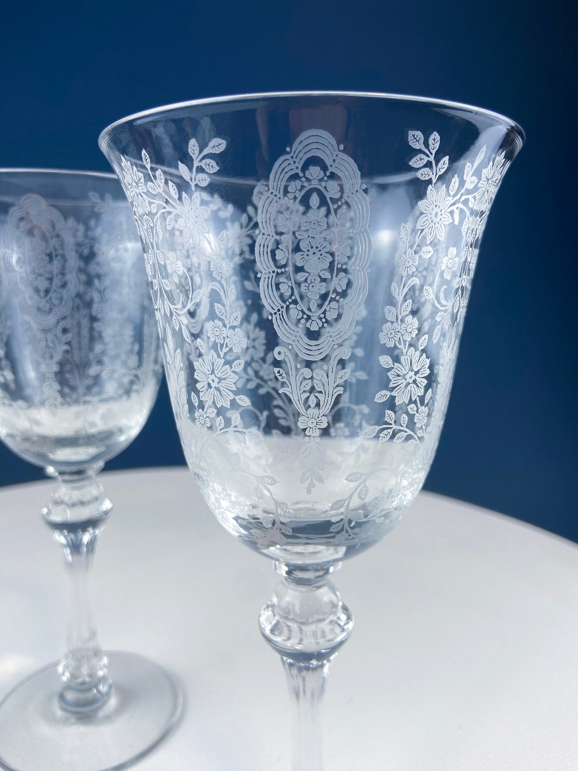 Vintage Etched Poppies Wine/Water Crystal Goblets. Mayfield by Tiffin Franciscan. Set of 7 Stunning Art Nouveau/Art Deco Stemware.