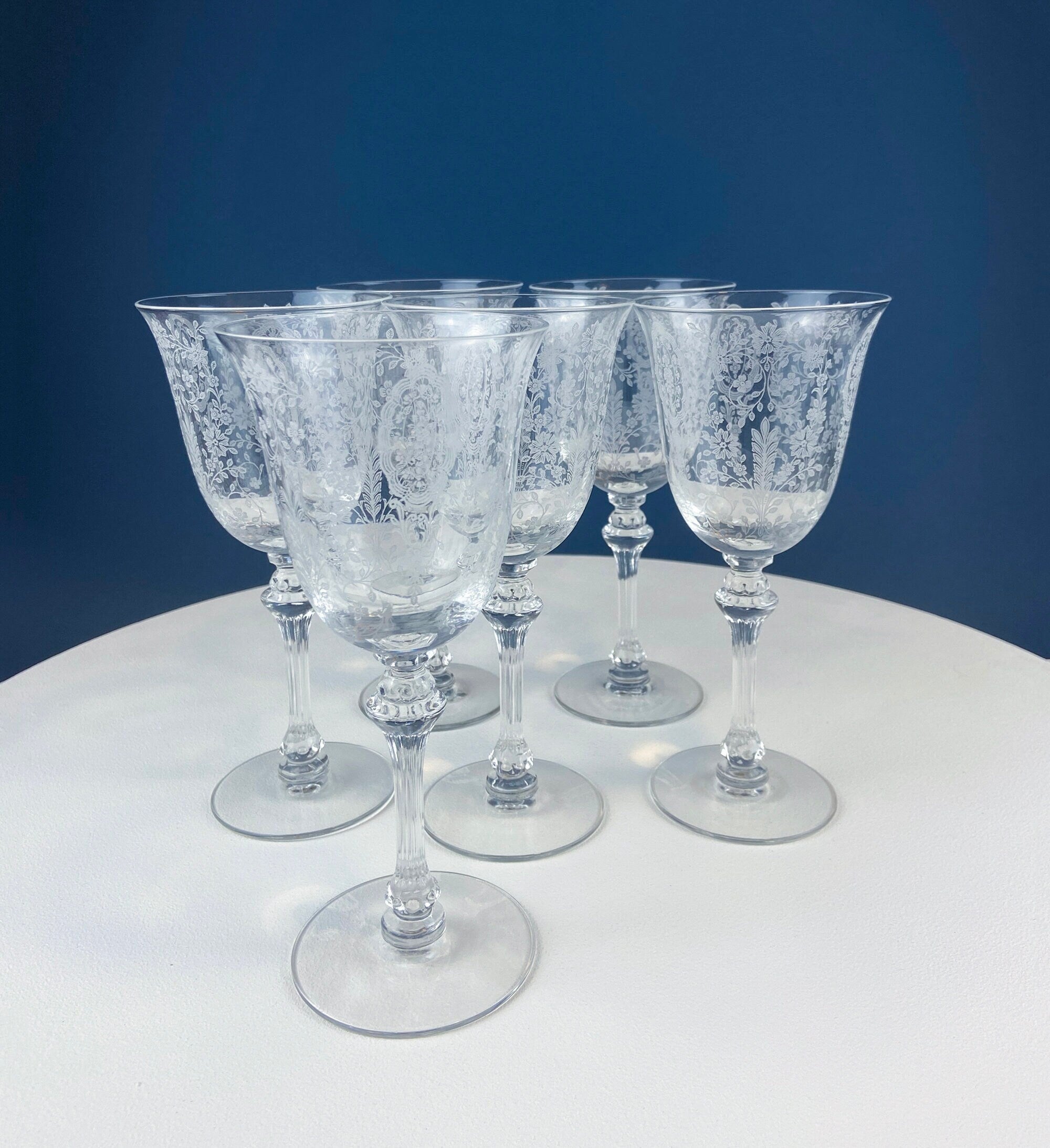 Vintage Etched Poppies Wine/Water Crystal Goblets. Mayfield by Tiffin Franciscan. Set of 7 Stunning Art Nouveau/Art Deco Stemware.