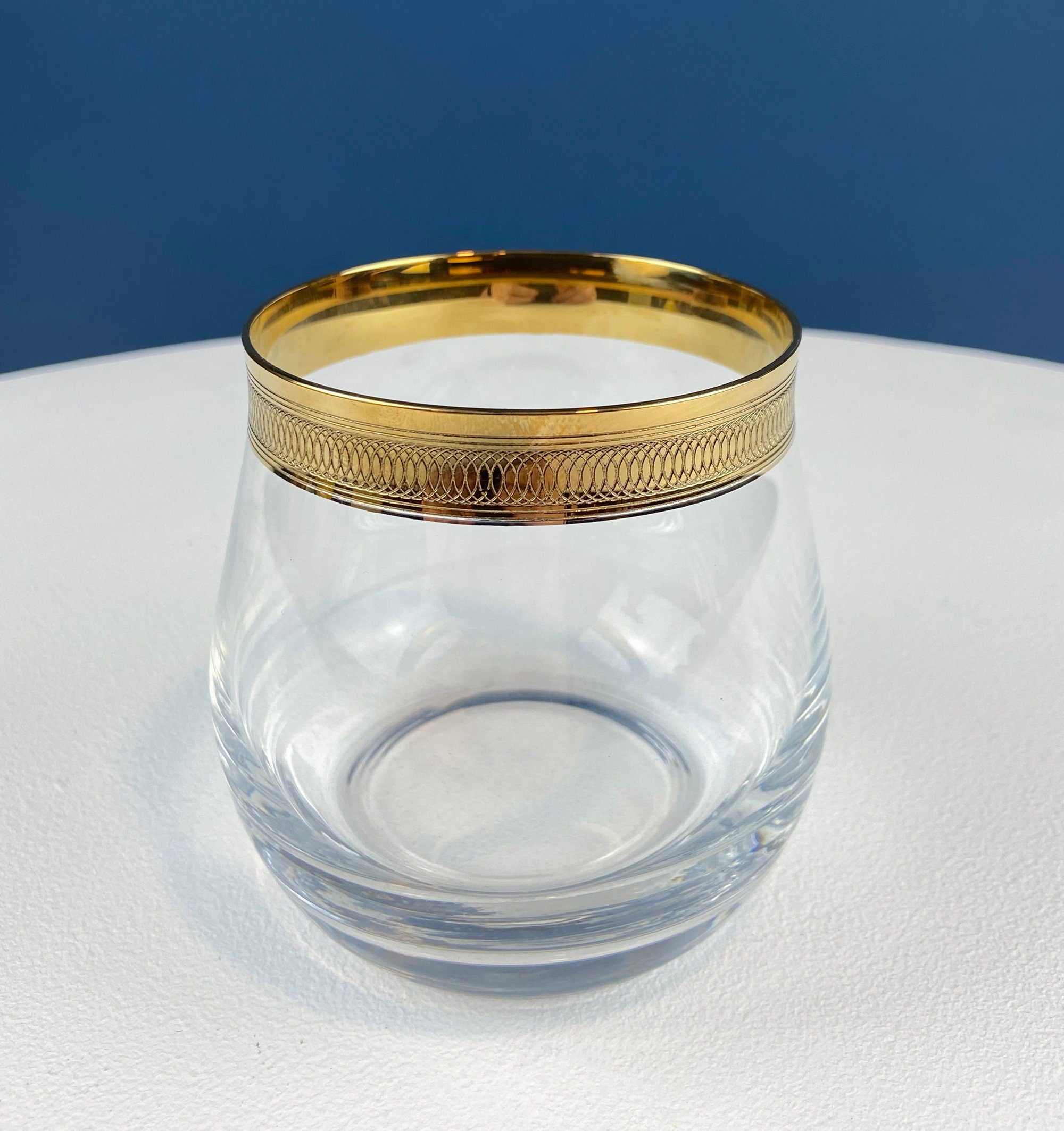 Set of 5 Whiskey or Scotch Stemless Glassware. Bold Gold Rim with Engraved Motif. Elegant Gift for Dad or Him. Office Bar.