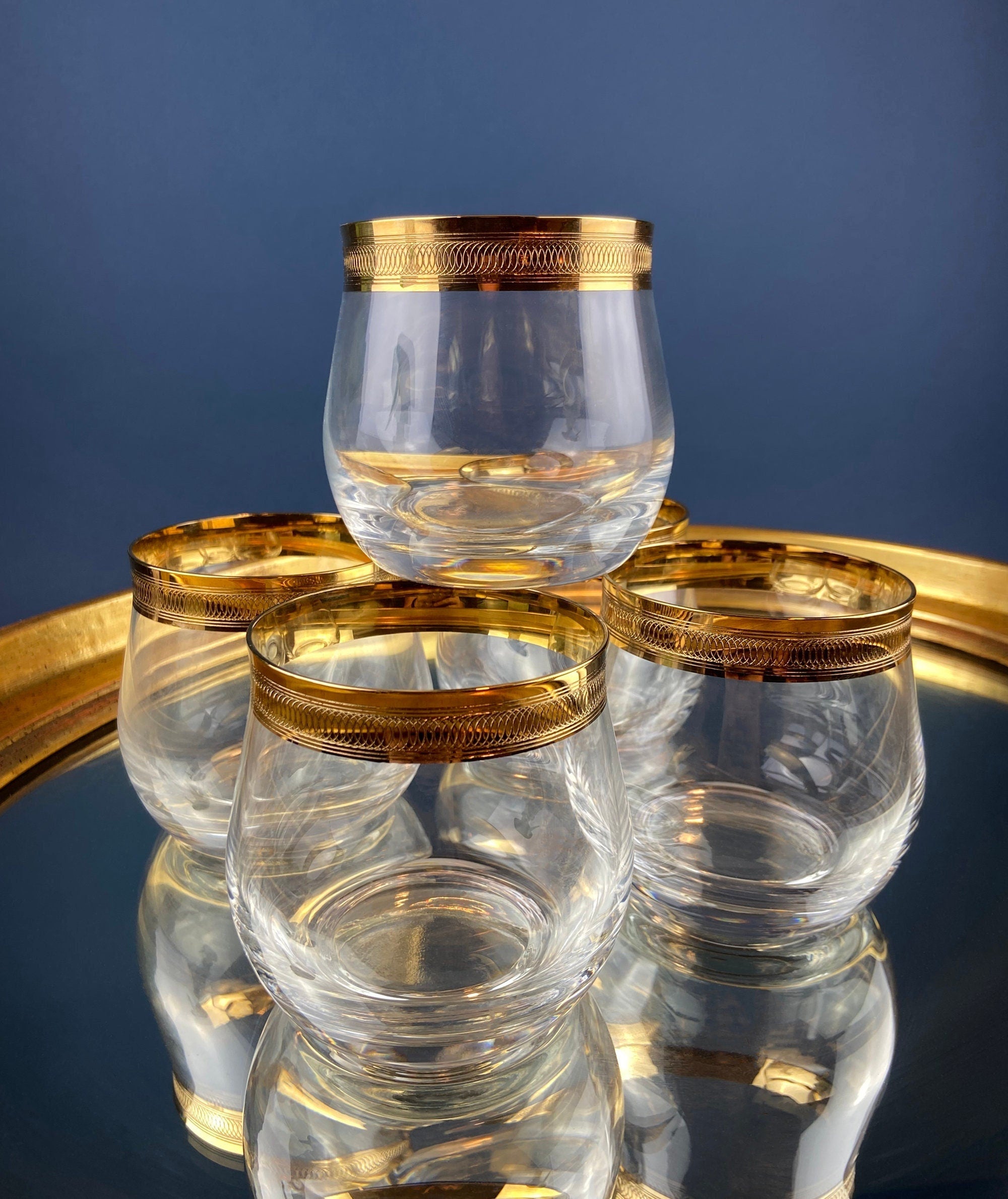 Set of 5 Whiskey or Scotch Stemless Glassware. Bold Gold Rim with Engraved Motif. Elegant Gift for Dad or Him. Office Bar.