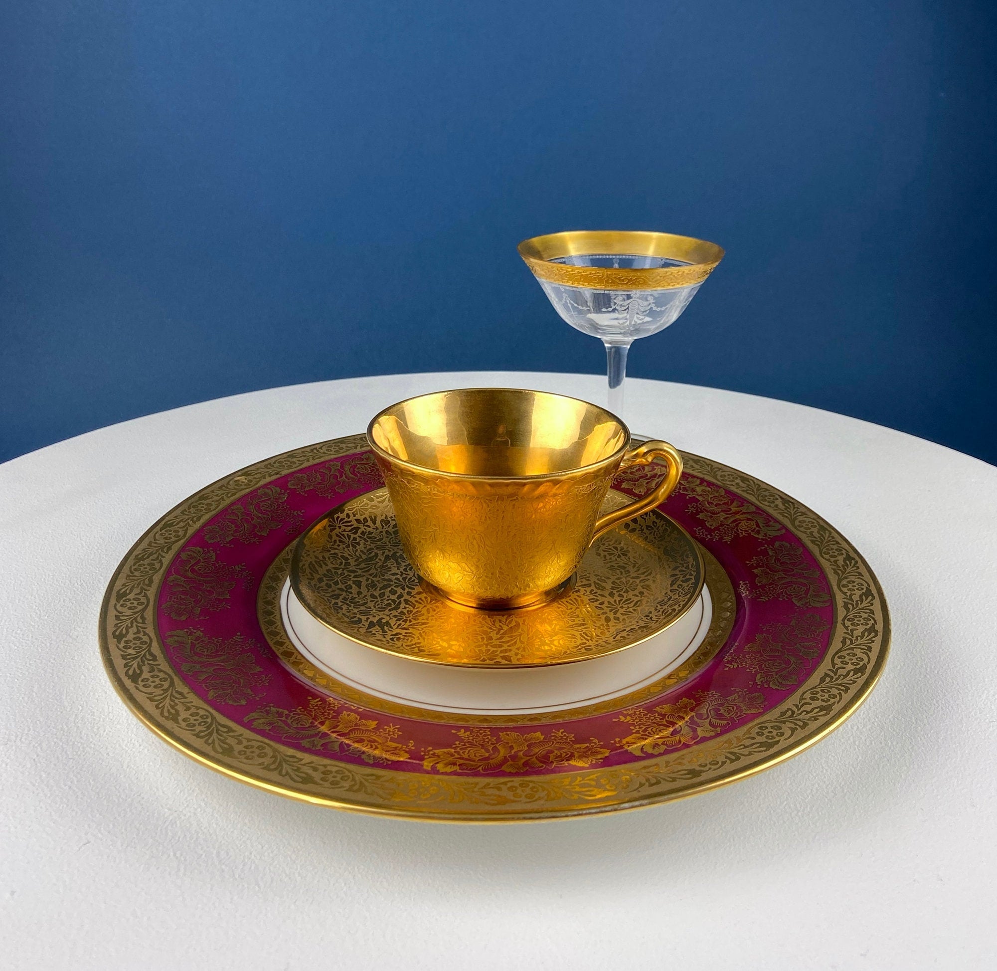 Gold Cup and Saucer with Red Plate: Wheeling Germany, Omeco Czechoslovakia Tea Set
