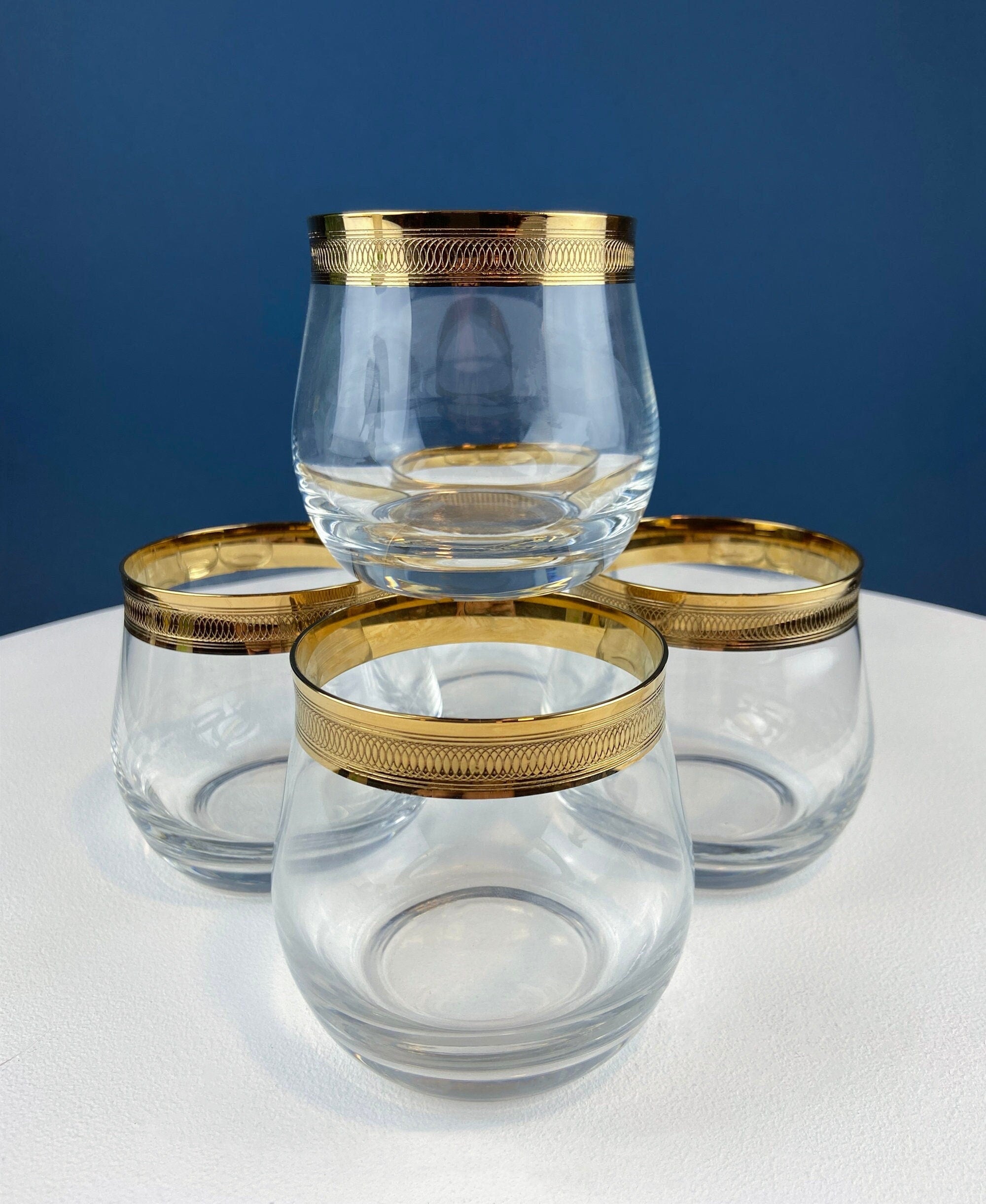 Set of 5 Whiskey or Scotch Stemless Glassware. Bold Gold Rim with Engraved Motif. Elegant Gift for Dad or Him. Office Bar.