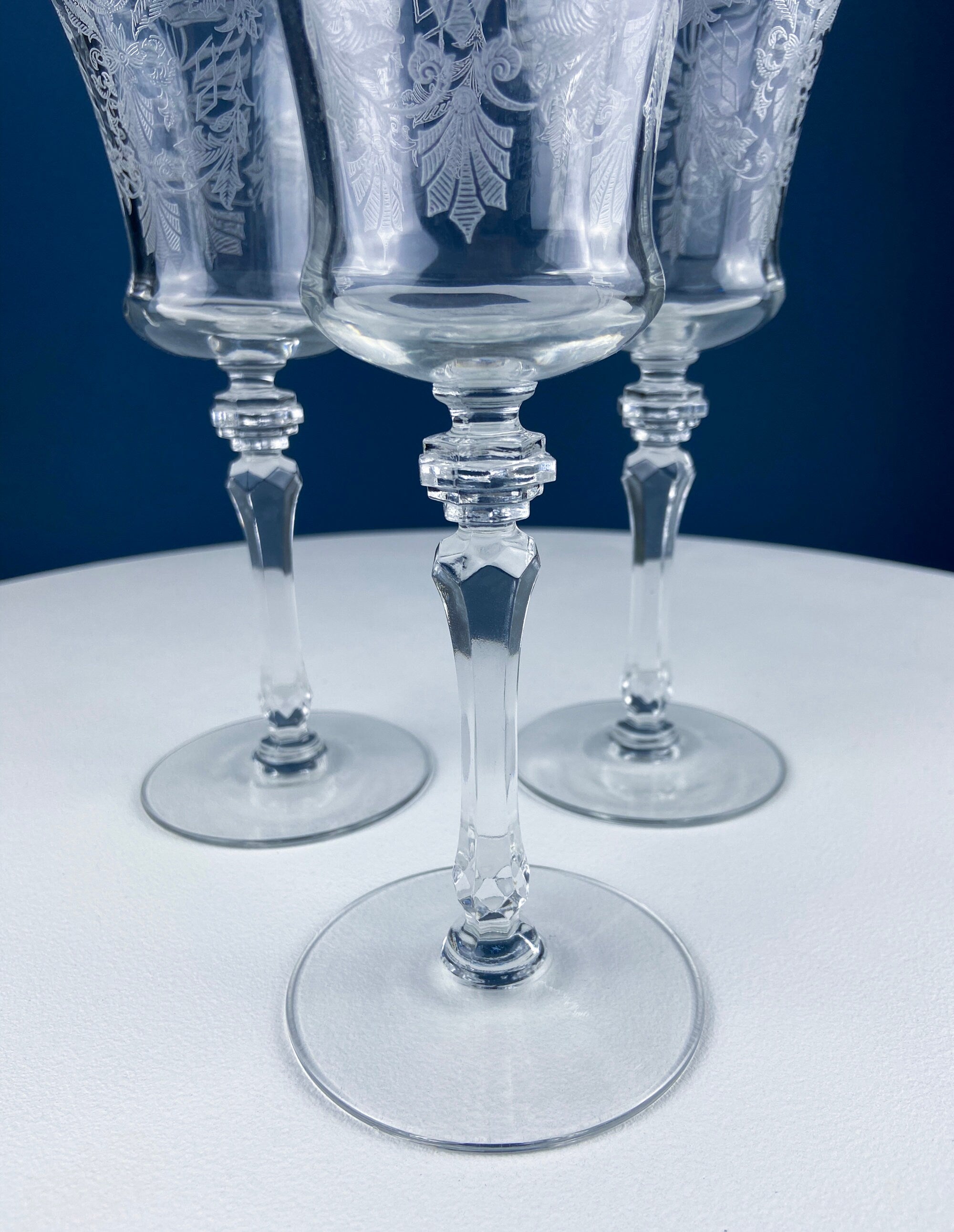 Vintage Etched Poppies Wine/Water Crystal Goblets. Mayfield by Tiffin Franciscan. Set of 7 Stunning Art Nouveau/Art Deco Stemware.