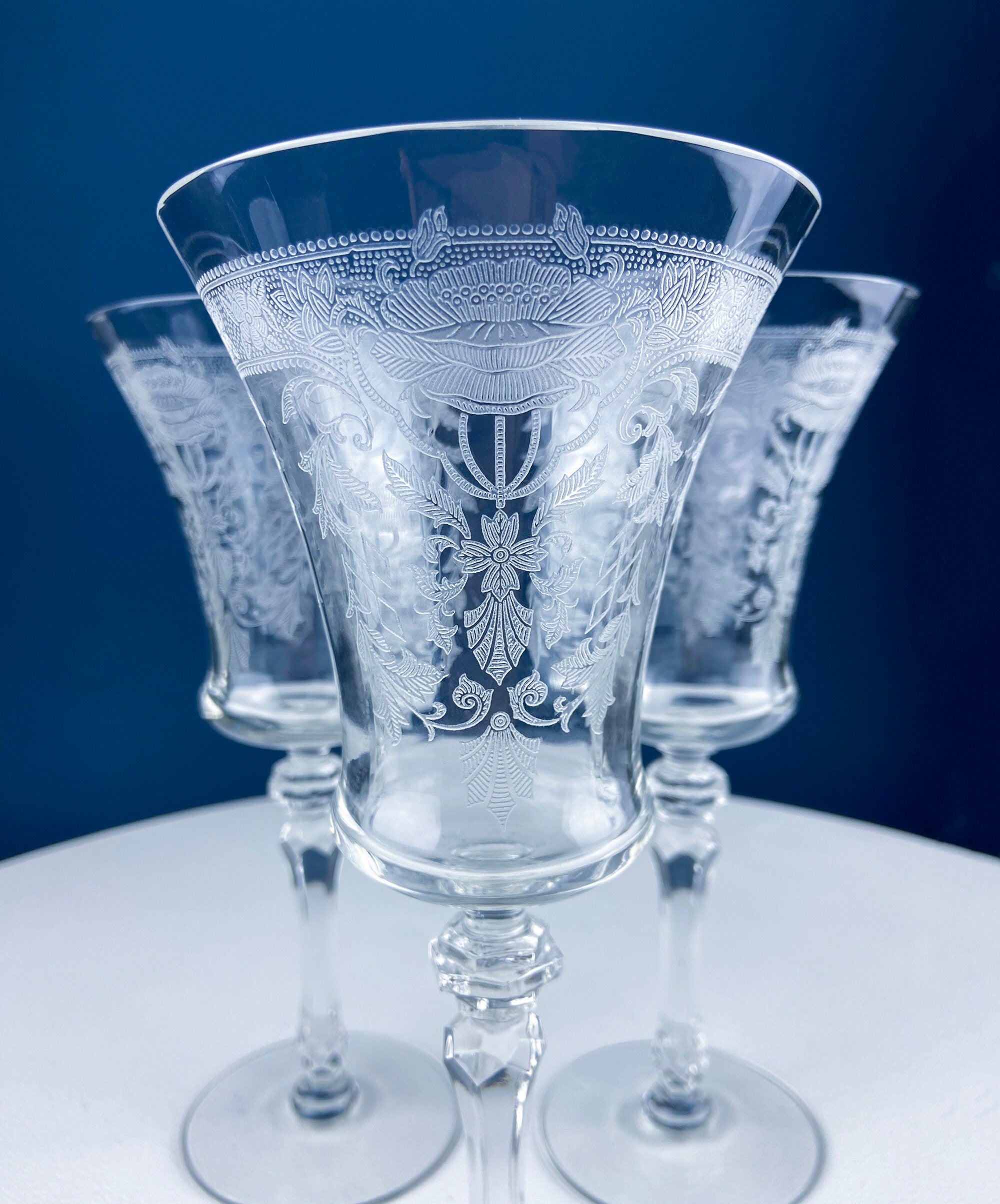 Vintage Etched Poppies Wine/Water Crystal Goblets. Mayfield by Tiffin Franciscan. Set of 7 Stunning Art Nouveau/Art Deco Stemware.
