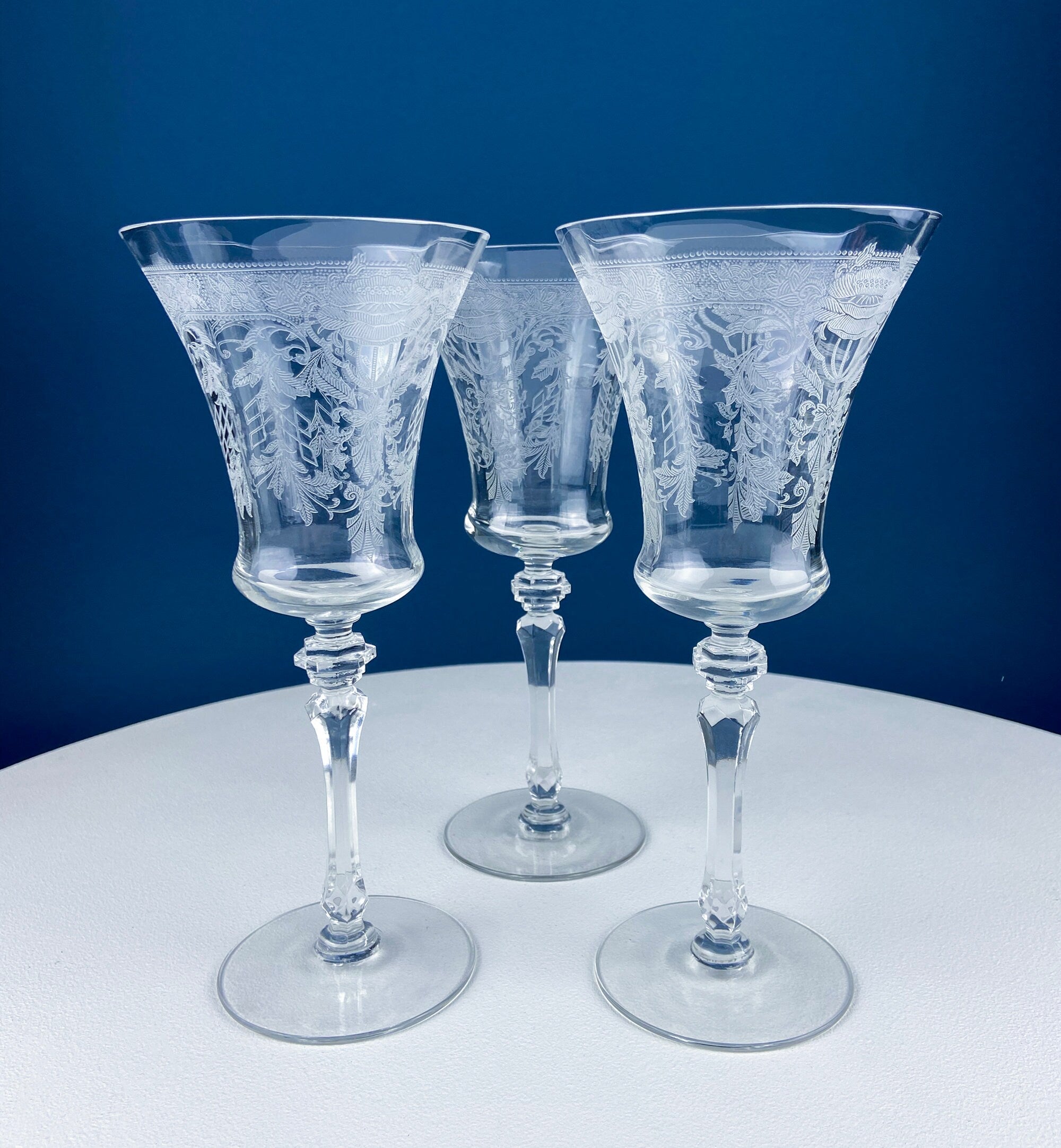 Vintage Etched Poppies Wine/Water Crystal Goblets. Mayfield by Tiffin Franciscan. Set of 7 Stunning Art Nouveau/Art Deco Stemware.