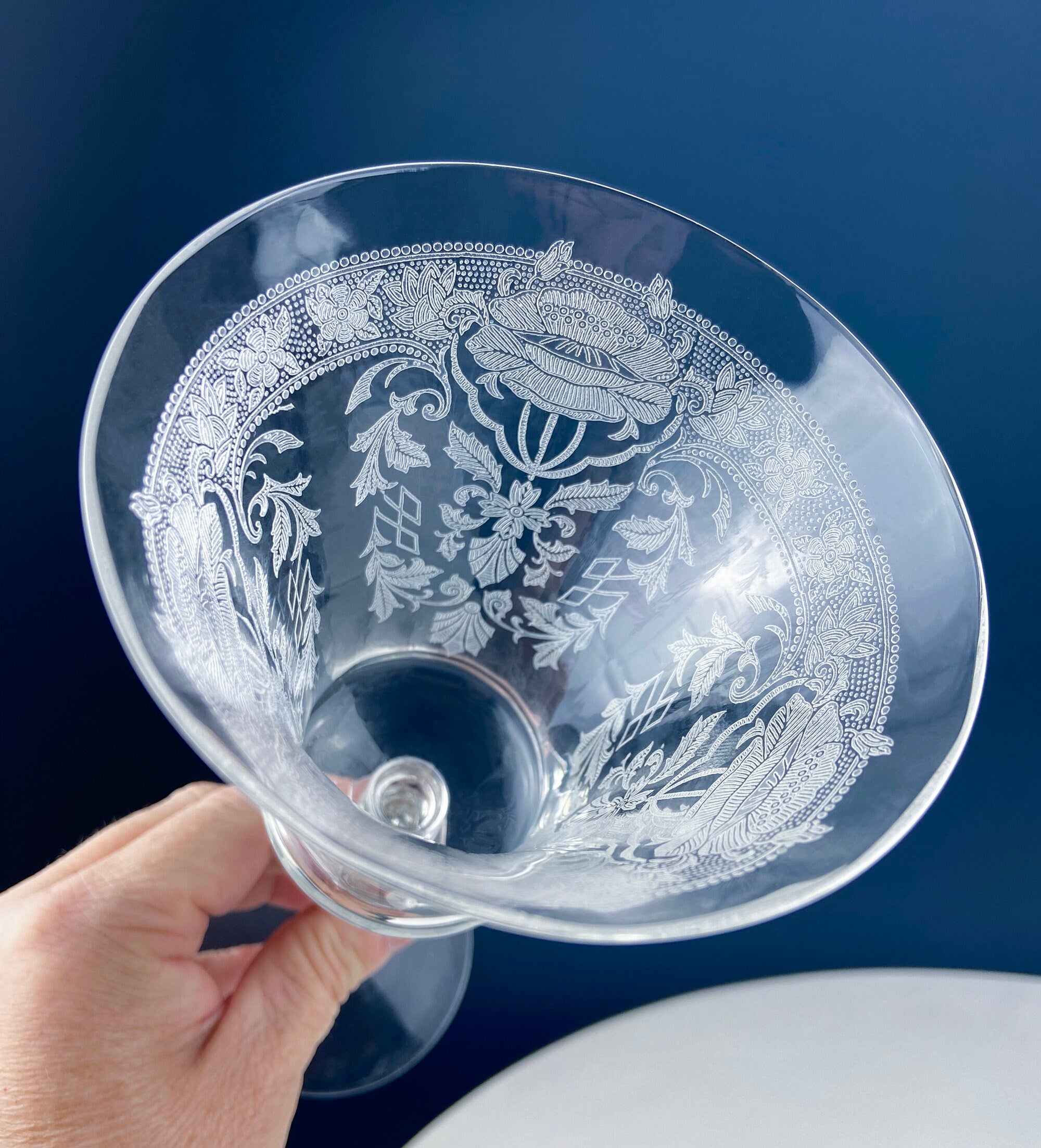 Vintage Etched Poppies Wine/Water Crystal Goblets. Mayfield by Tiffin Franciscan. Set of 7 Stunning Art Nouveau/Art Deco Stemware.