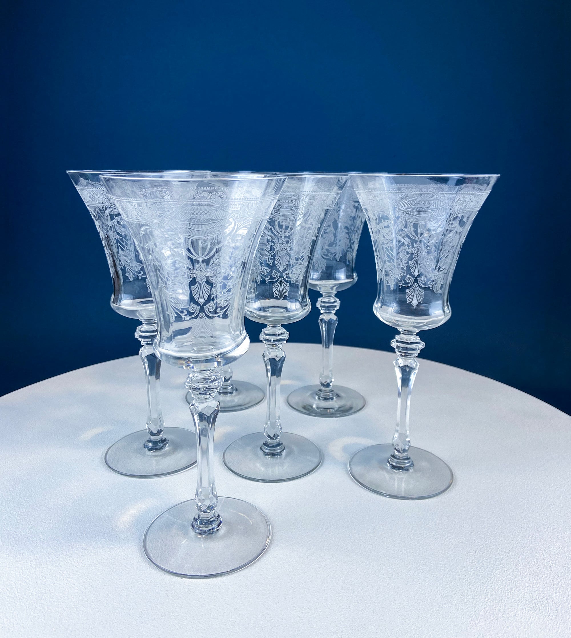 Vintage Etched Poppies Wine/Water Crystal Goblets. Mayfield by Tiffin Franciscan. Set of 7 Stunning Art Nouveau/Art Deco Stemware.