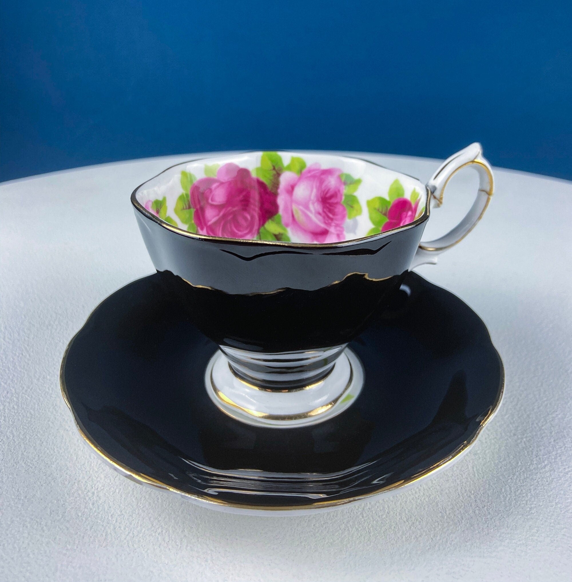 Teacup & Saucer with Large Red Roses and Rich Gold Rim. Queen Anne Fine China. Dining Room Decor. Romantic Gift for Tea Lover, Him or Her.