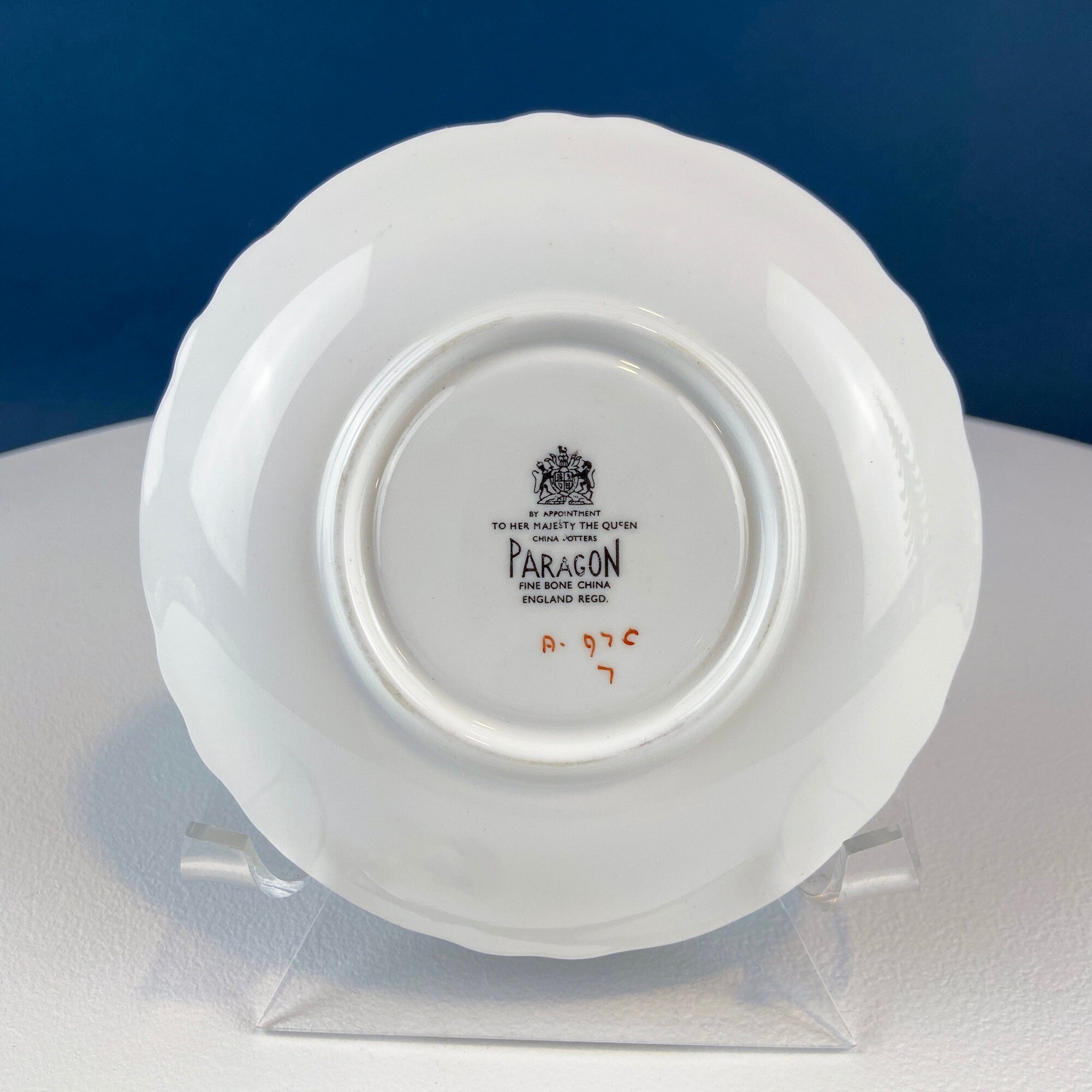 White and Gold Cup and Saucer. Paragon Porcelain, By Appointment to Her Majesty the Queen Potters. Dining Room Cabinet Display.