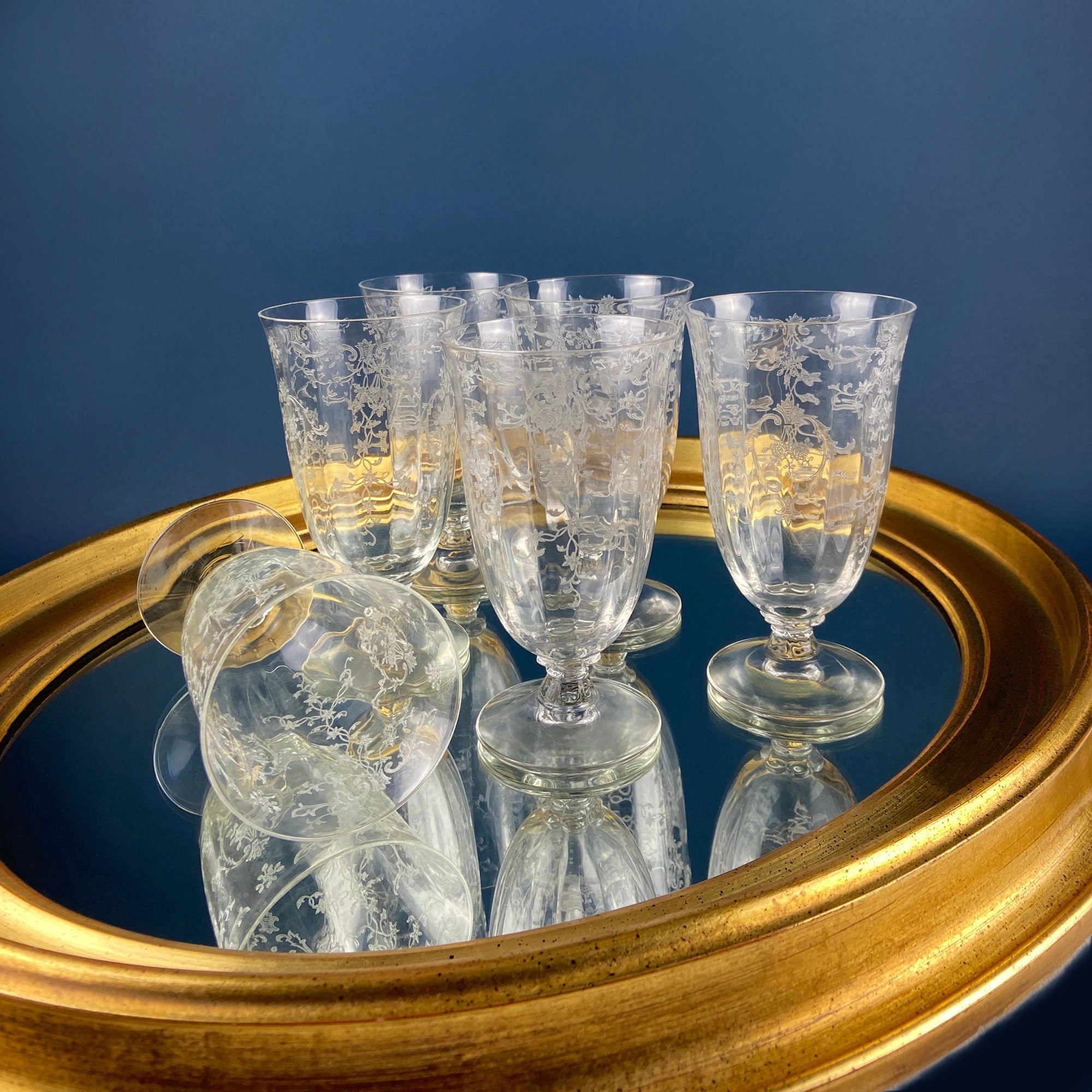 Vintage Fostoria Navarre Juice Water Goblets. Set of 6 Etched Crystal Glasses. Home Decor. Dining Room Decor. Collectible Glassware.