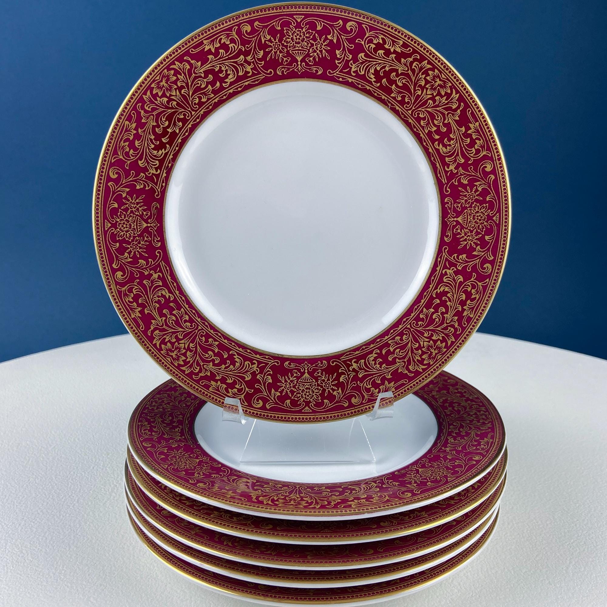 Red & Gold Salad or Dessert  Plates with Matching Berry Bowls. Floral Motif. Harmony House. Set of 6.  Dining Rm Decor. Holiday Table Decor.