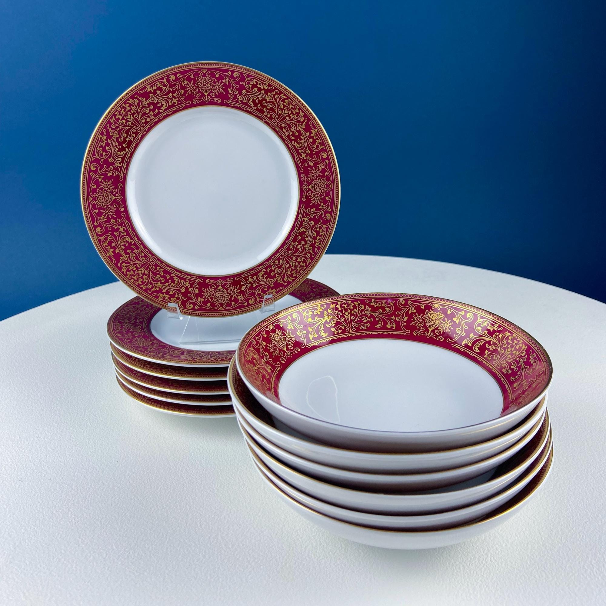 Red & Gold Salad or Dessert  Plates with Matching Berry Bowls. Floral Motif. Harmony House. Set of 6.  Dining Rm Decor. Holiday Table Decor.