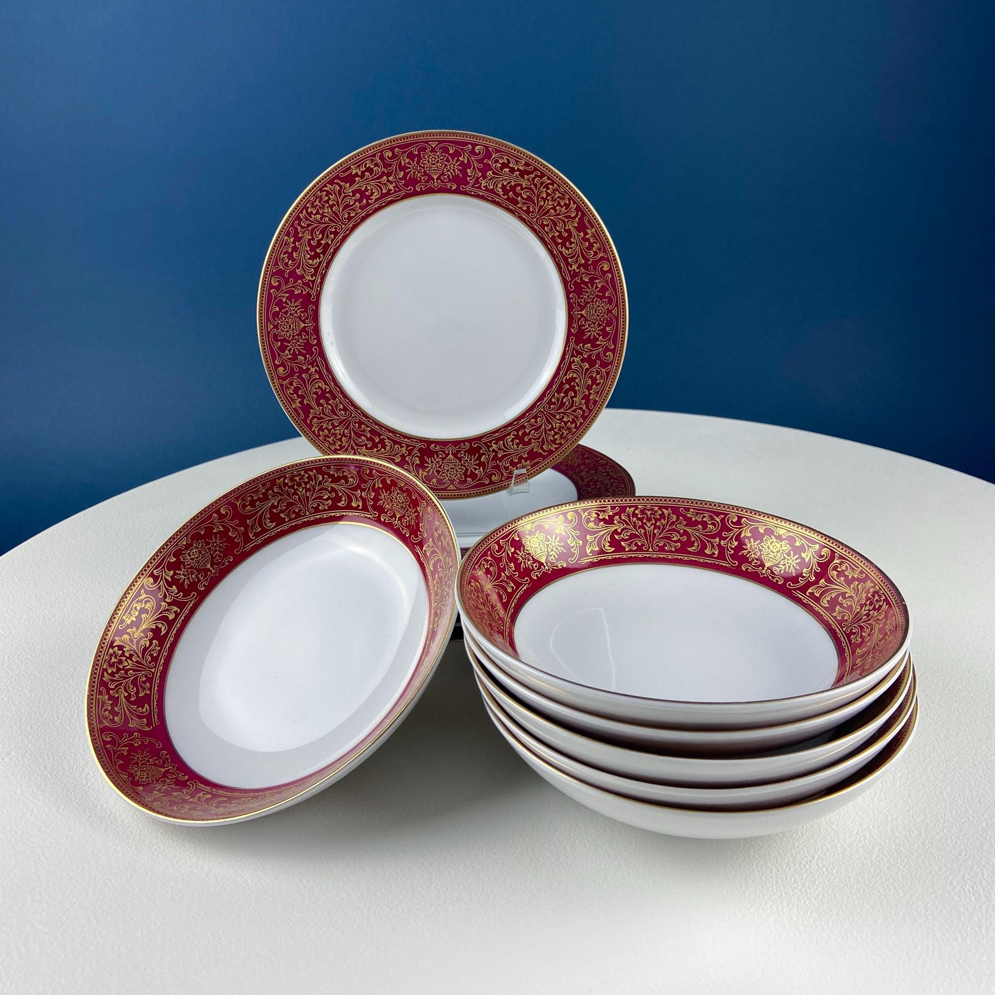Red & Gold Salad or Dessert  Plates with Matching Berry Bowls. Floral Motif. Harmony House. Set of 6.  Dining Rm Decor. Holiday Table Decor.