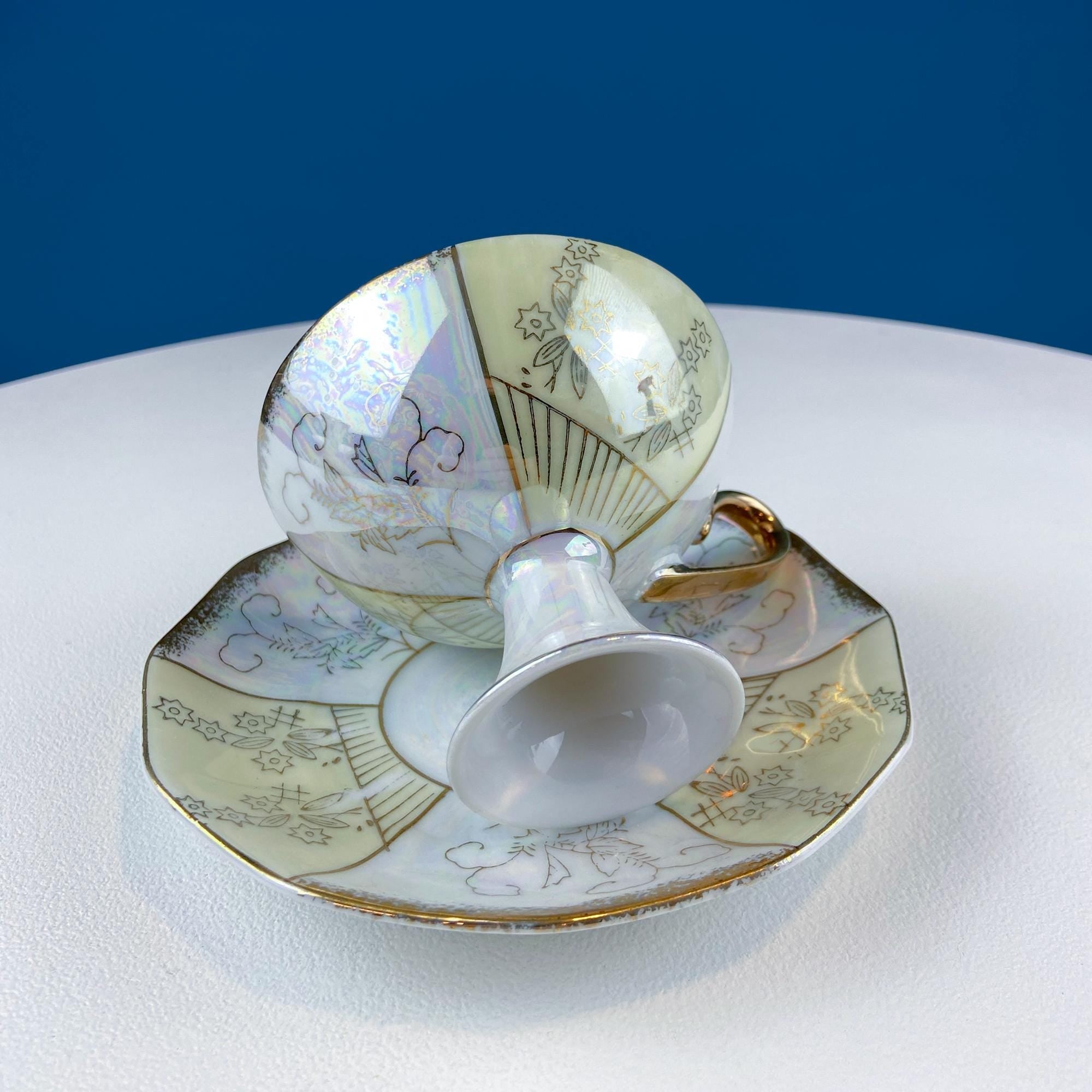 Vintage Pearlescent Tea Cups and Saucers with Light Yellow & Gold Accents. Set of 2 Cups. Slightly Different Silhouettes. Gift for Couple.